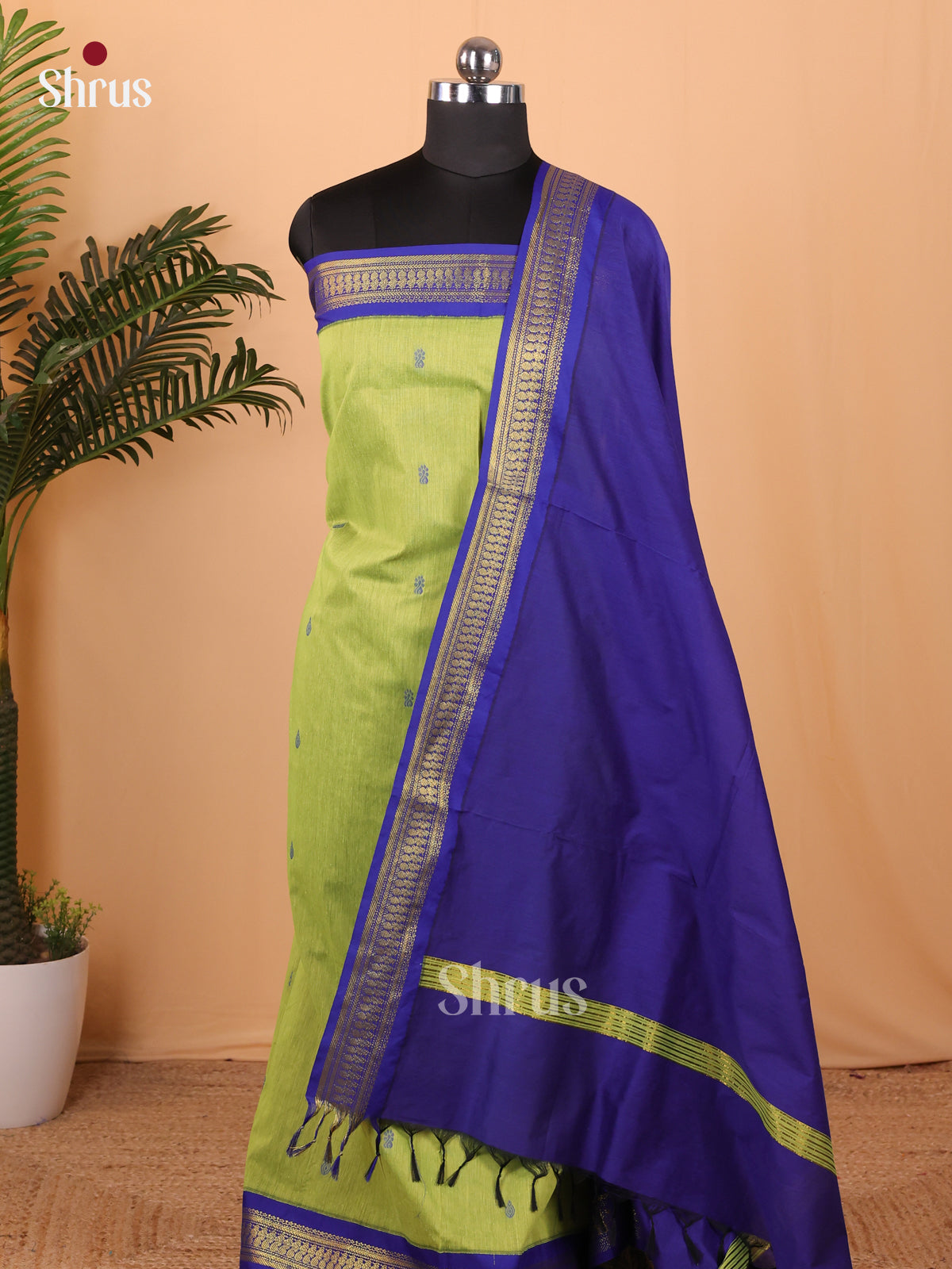 Kalyani Cotton Salwar Unstitch Lite Green & Royal Blue - MDA22003 - Shop on Shrus.com