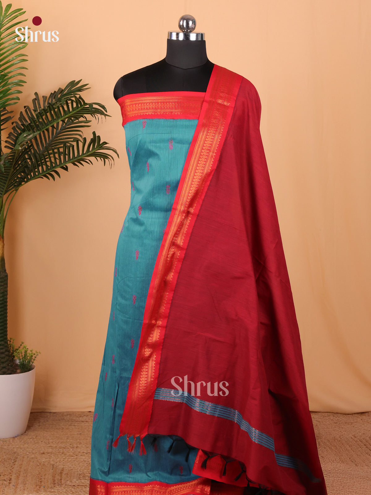 Blue & Maroon Kalyani Cotton Unstitched Top & Dupatta- MDA22008 - Shop on Shrus.com