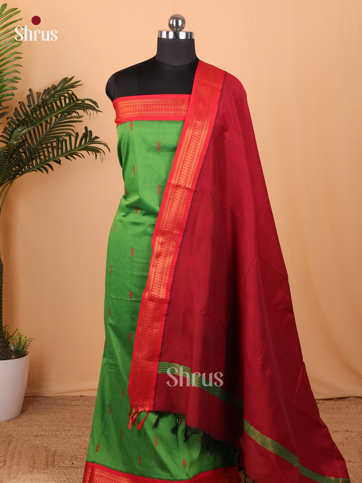 Green & Maroon - Kalyani Cotton Unstitched Top & Dupatta- MDA22009 - Shop on Shrus.com