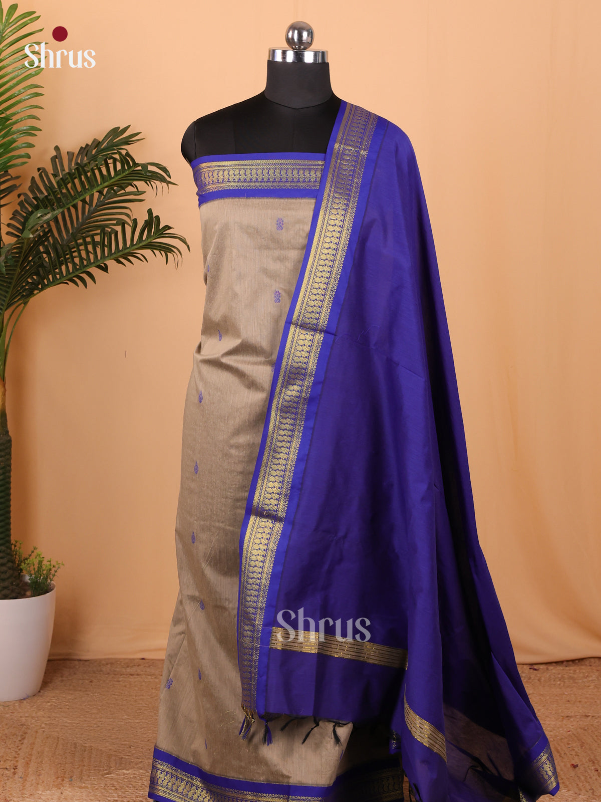 Grey & Blue Kalyani Cotton Unstitched Top & Dupatta- MDA22012 - Shop on Shrus.com