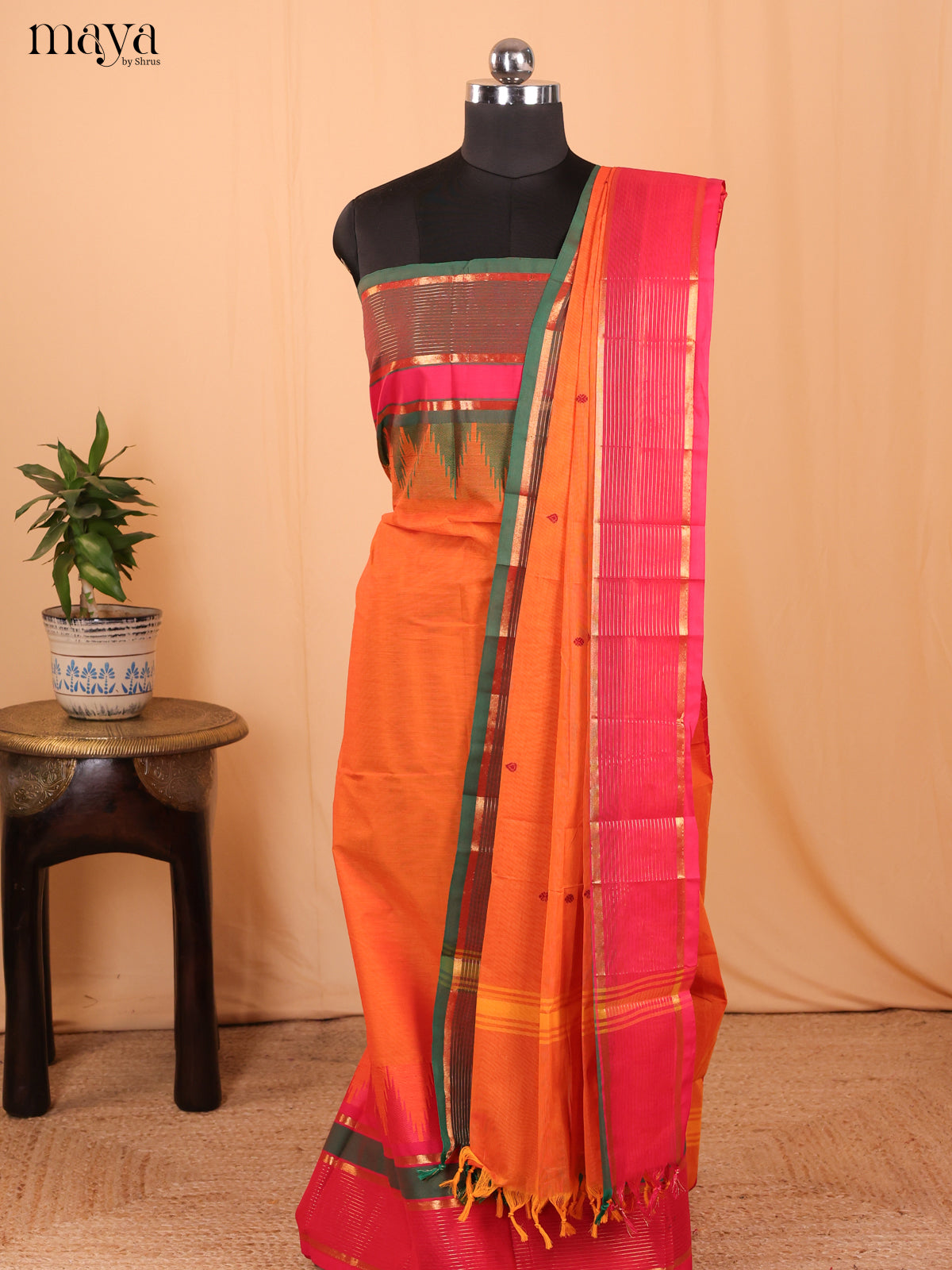 Orange & Pink - Chettinad Cotton Unstitched Top & Dupatta - MDA24003 - Shop on Shrus.com