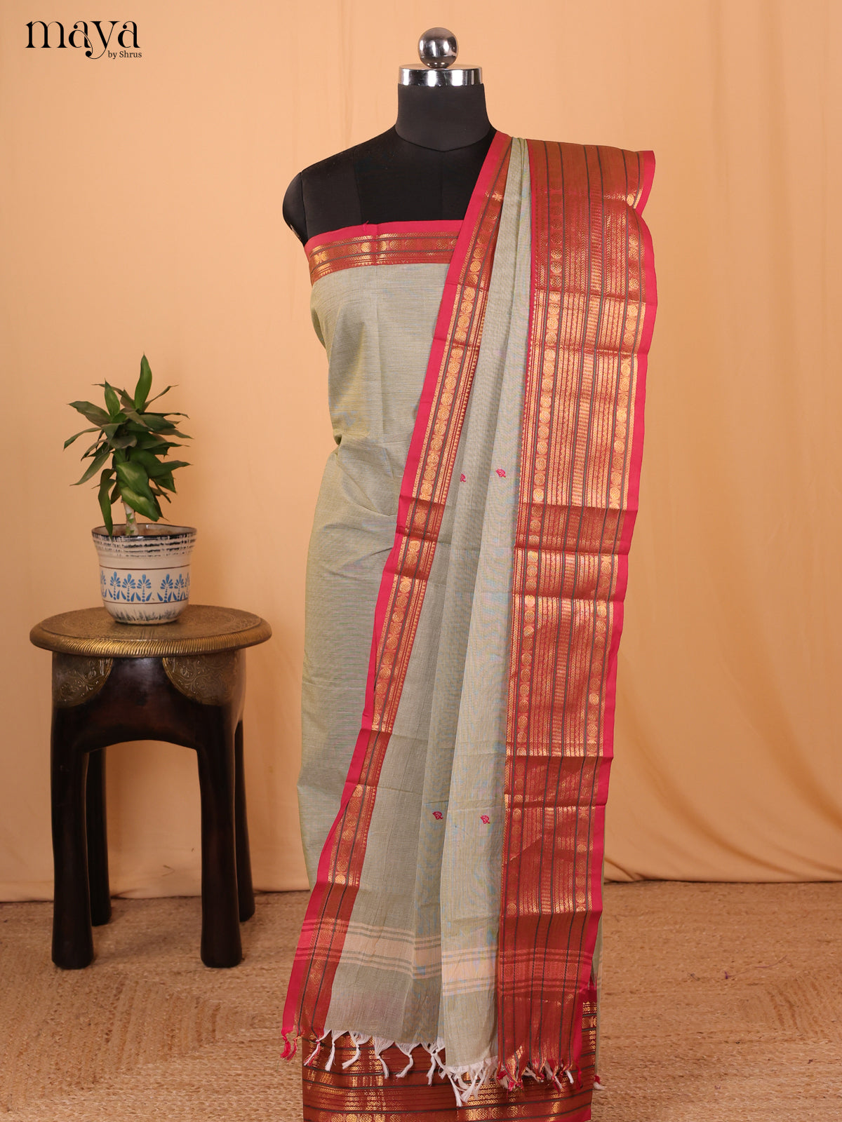 Grey & Red Chettinad Cotton Unstitched Top & Dupatta - MDA24015 - Shop on Shrus.com