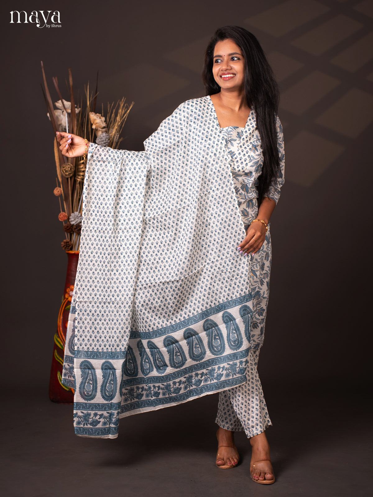 White Cotton 3Pc Salwar with Floral Print - Top, Bottom & Dupatta - Shop on Shrus.com