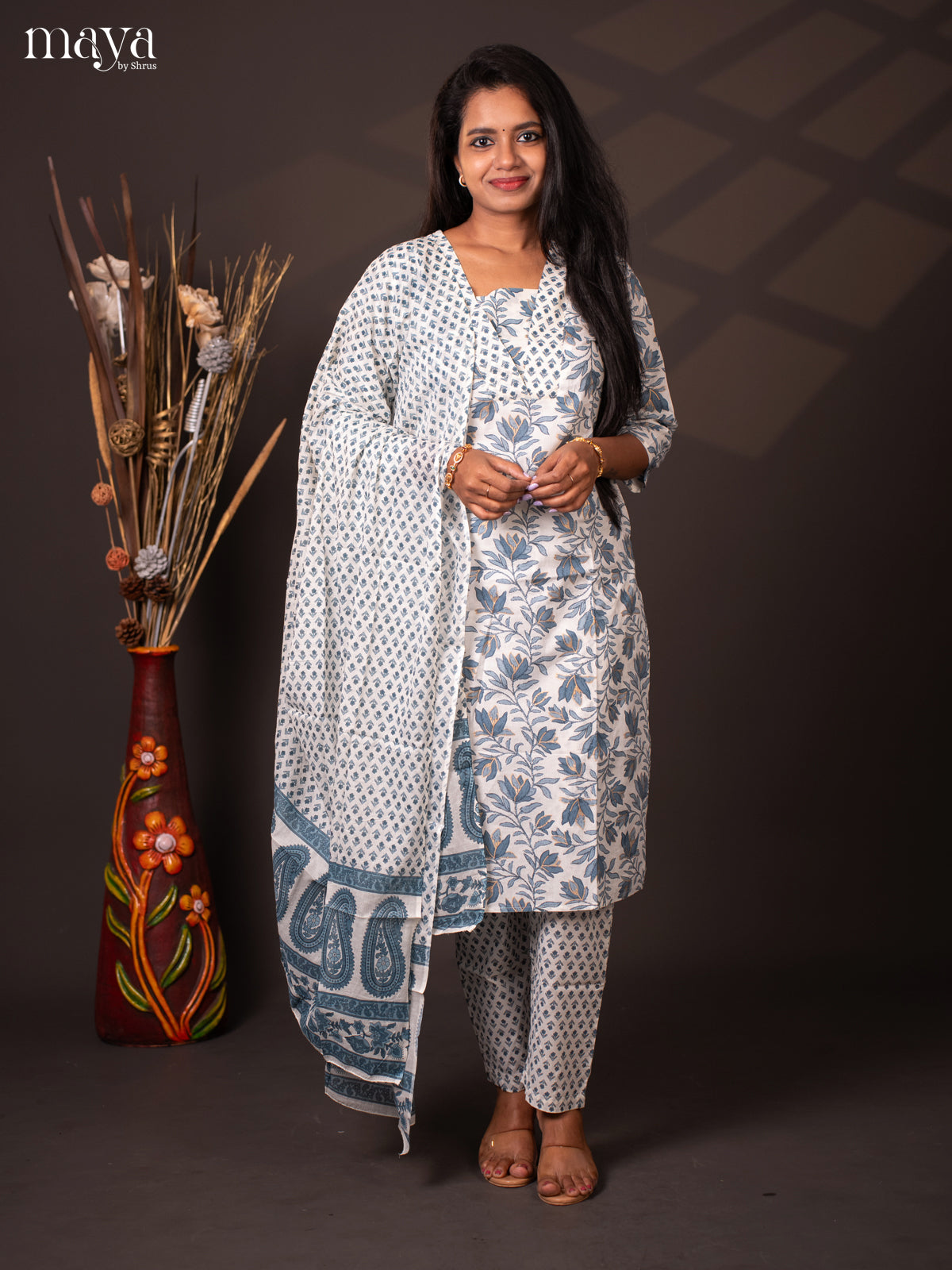 White Cotton 3Pc Salwar with Floral Print - Top, Bottom & Dupatta - Shop on Shrus.com