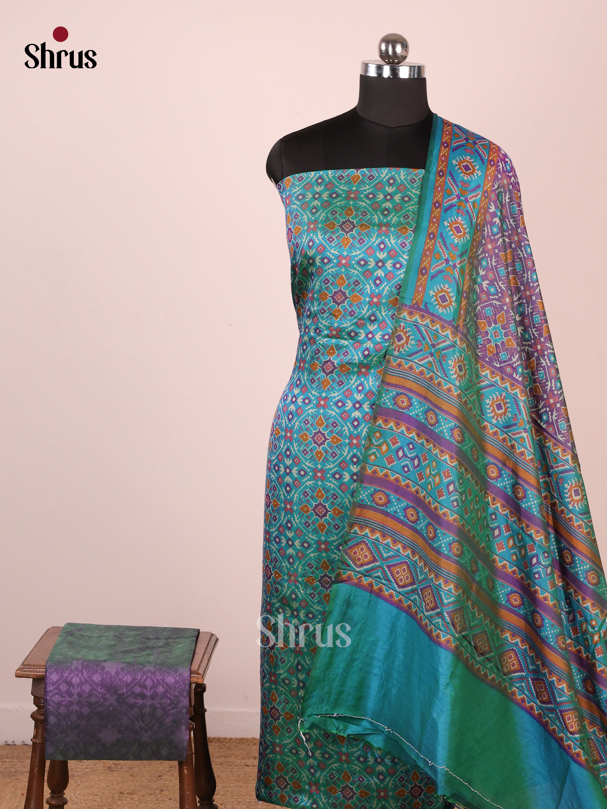 Blue & Purple-Semi Patola Unstitched Top, Bottom & Dupatta - MDA28014 - Shop on Shrus.com