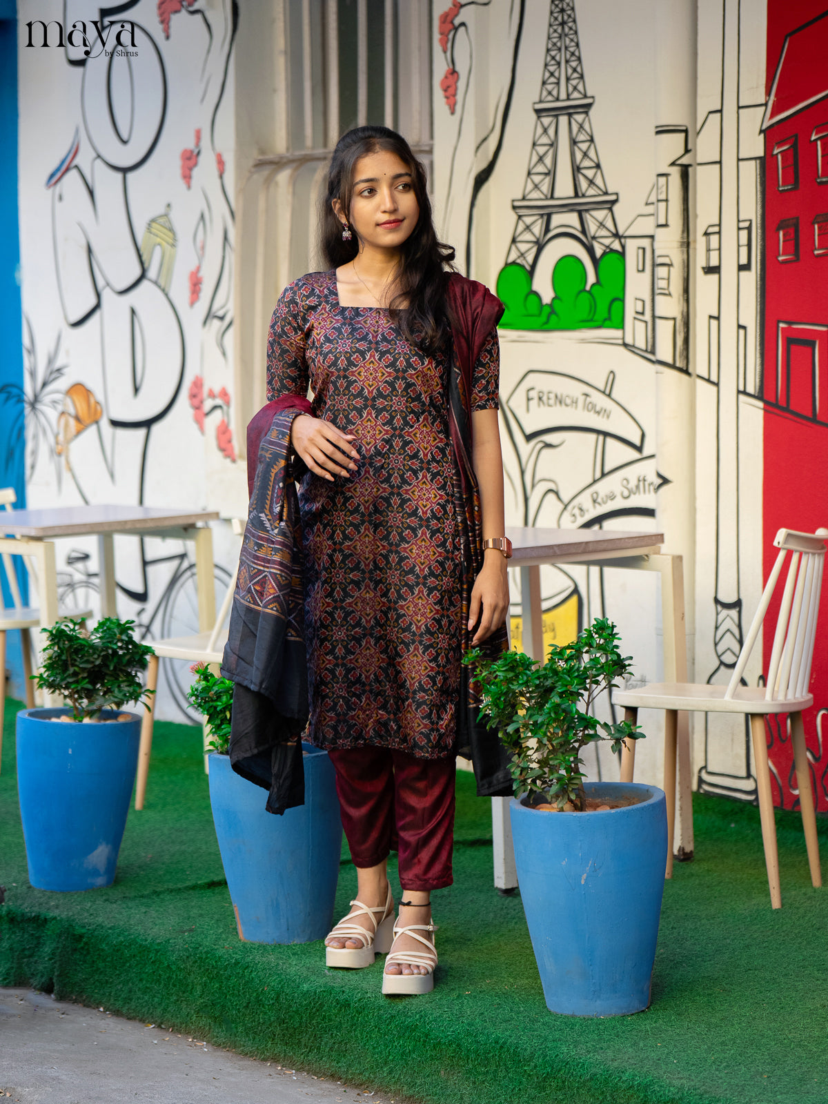 Black & Maroon - semi patola Unstitched Top, Bottom & Dupatta - MDA28015 - Shop on Shrus.com