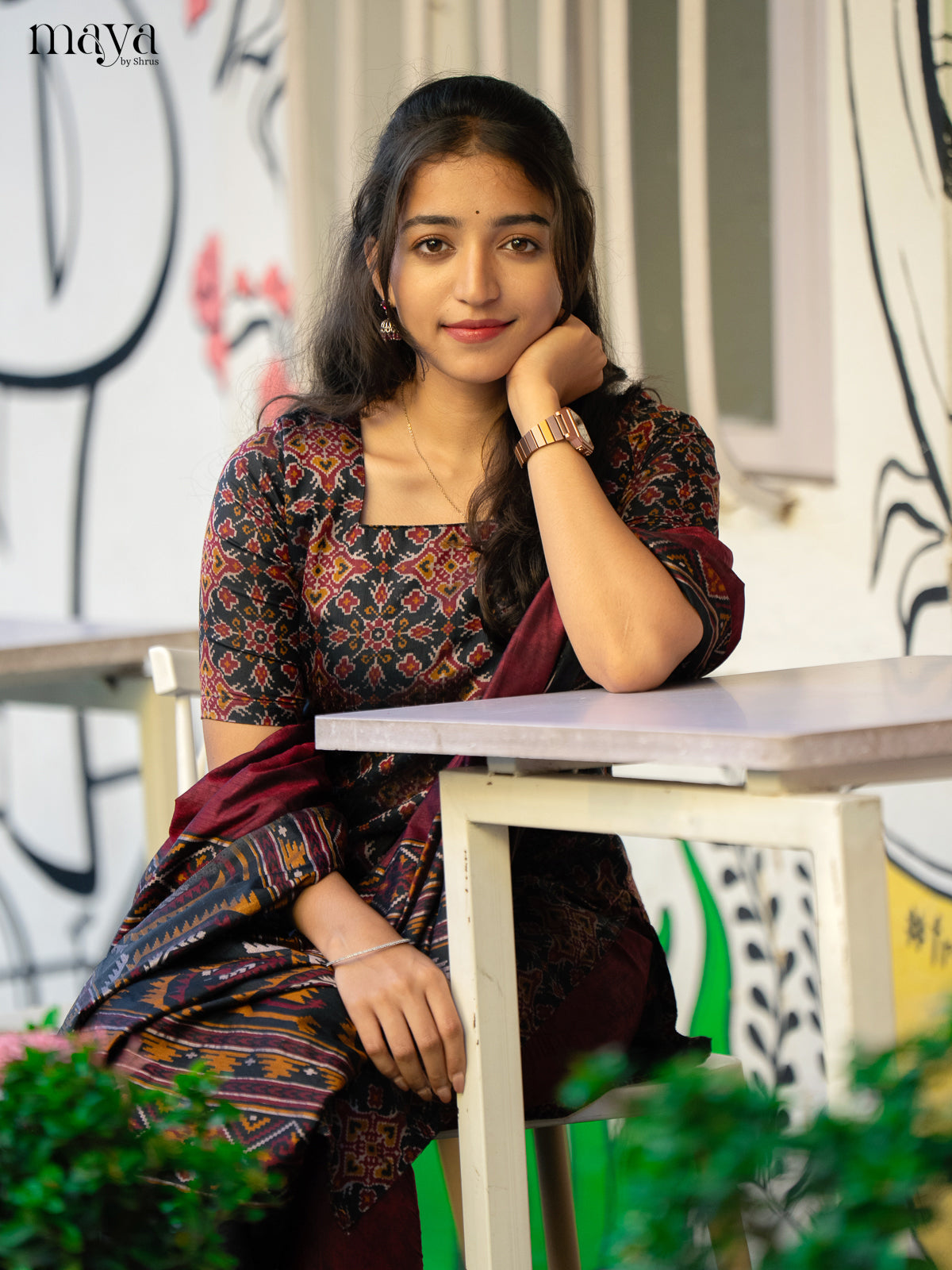 Black & Maroon - semi patola Unstitched Top, Bottom & Dupatta - MDA28015 - Shop on Shrus.com