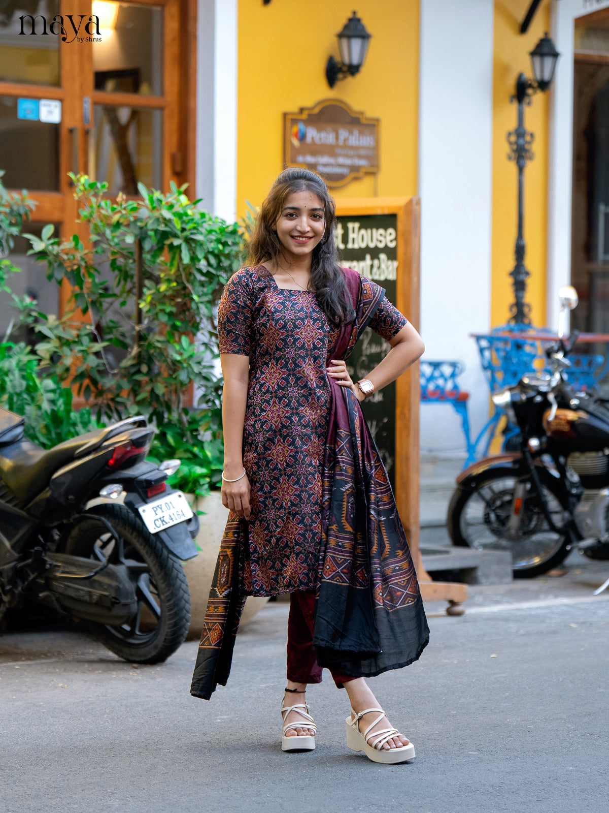 Black & Maroon - semi patola Unstitched Top, Bottom & Dupatta - MDA28015 - Shop on Shrus.com