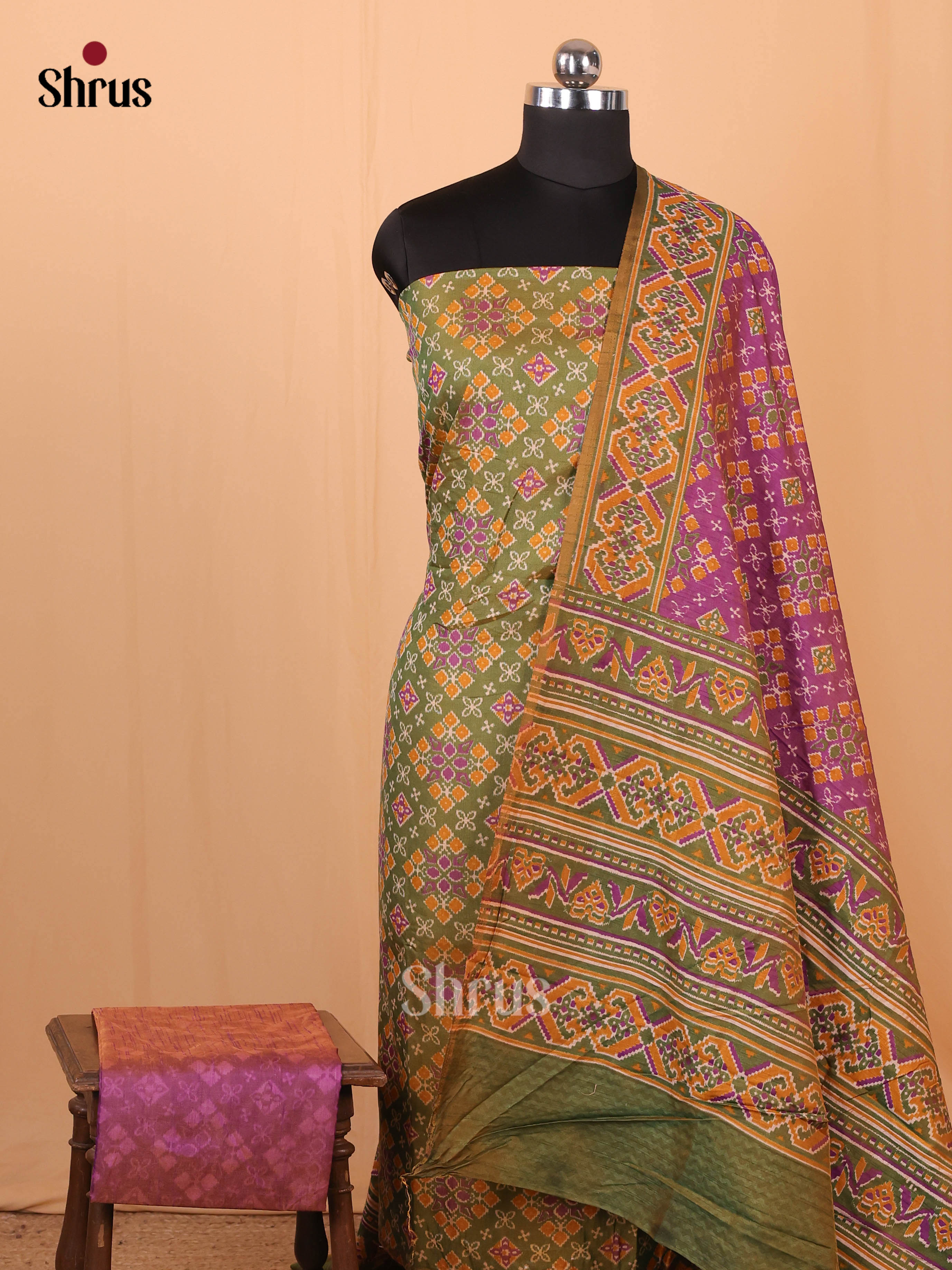Green & Purple - Semi Patola Unstitched Top, Bottom & Dupatta - MDA28020 - Shop on Shrus.com