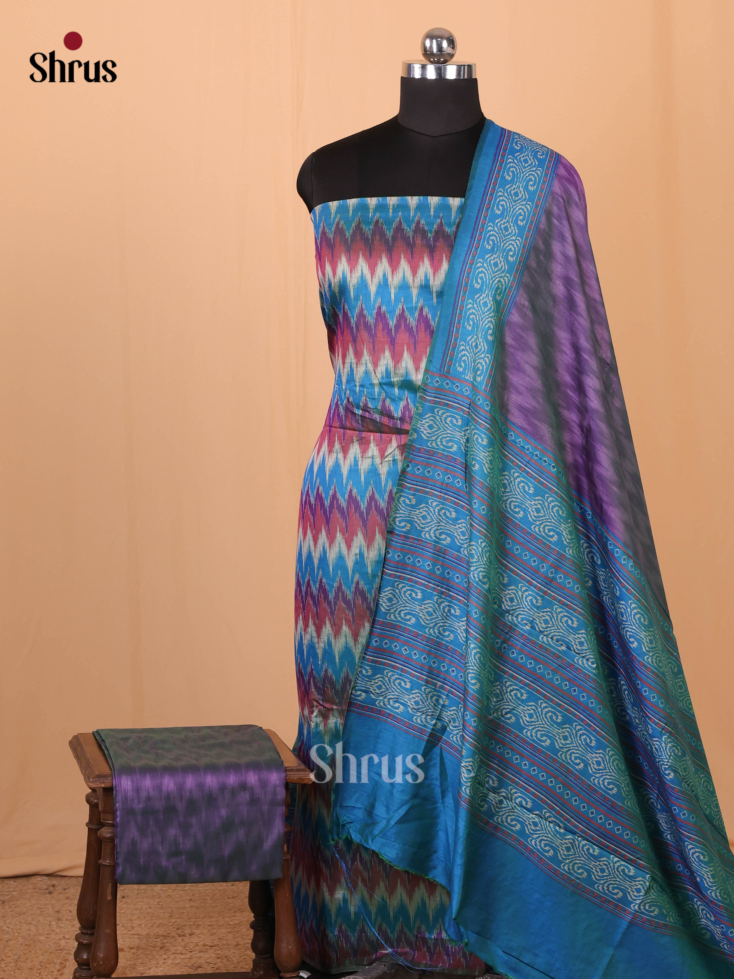Blue & Purple - Semi Patola Unstitched Top, Bottom & Dupatta -MDA28032 - Shop on Shrus.com
