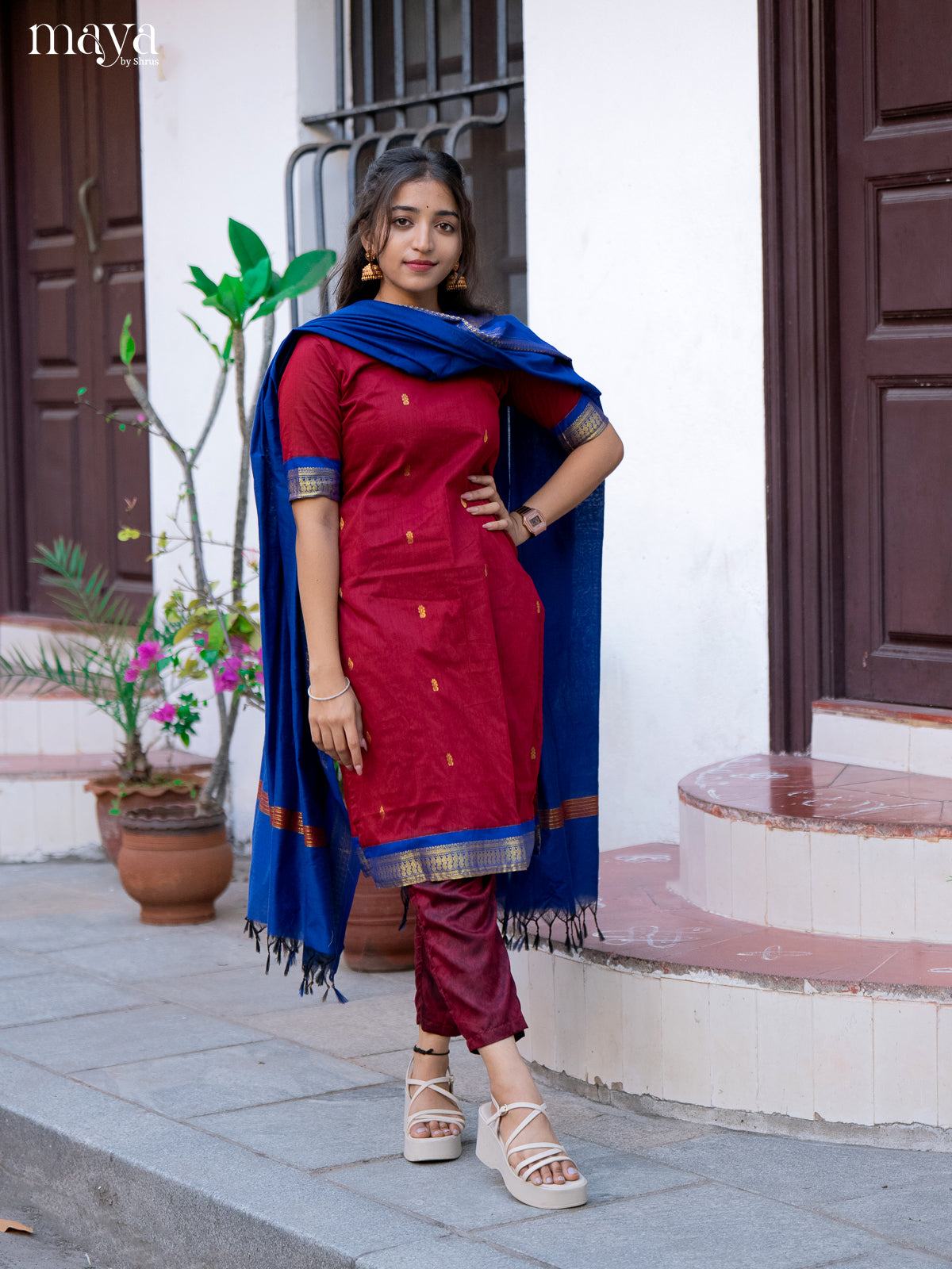 Red & Blue - Kalyani Cotton unstitched Top & Dupatta - MDA28036 - Shop on Shrus.com