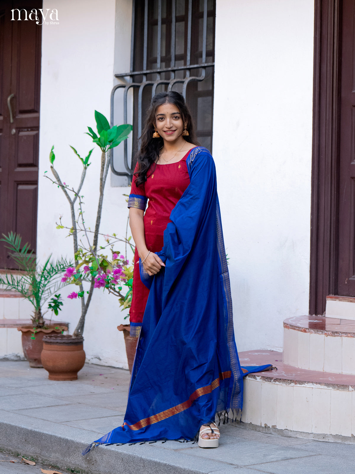 Red & Blue - Kalyani Cotton unstitched Top & Dupatta - MDA28036 - Shop on Shrus.com