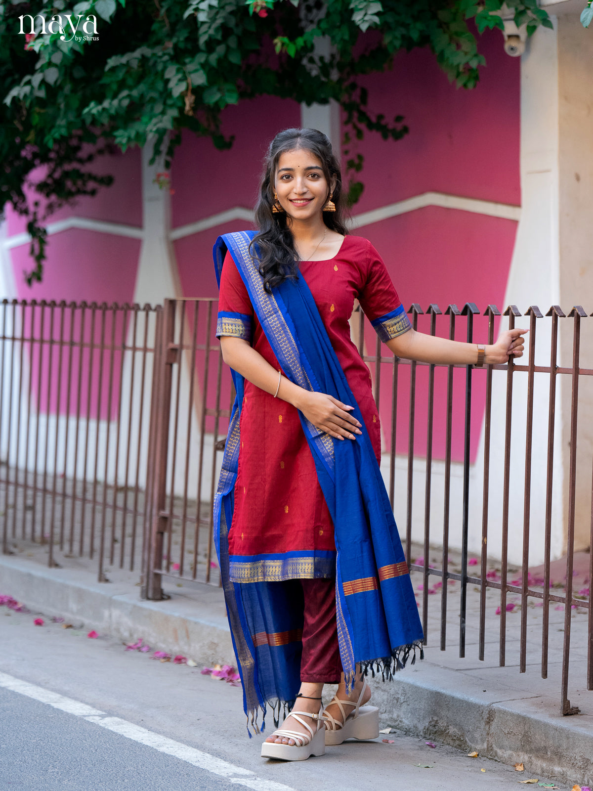 Red & Blue - Kalyani Cotton unstitched Top & Dupatta - MDA28036 - Shop on Shrus.com