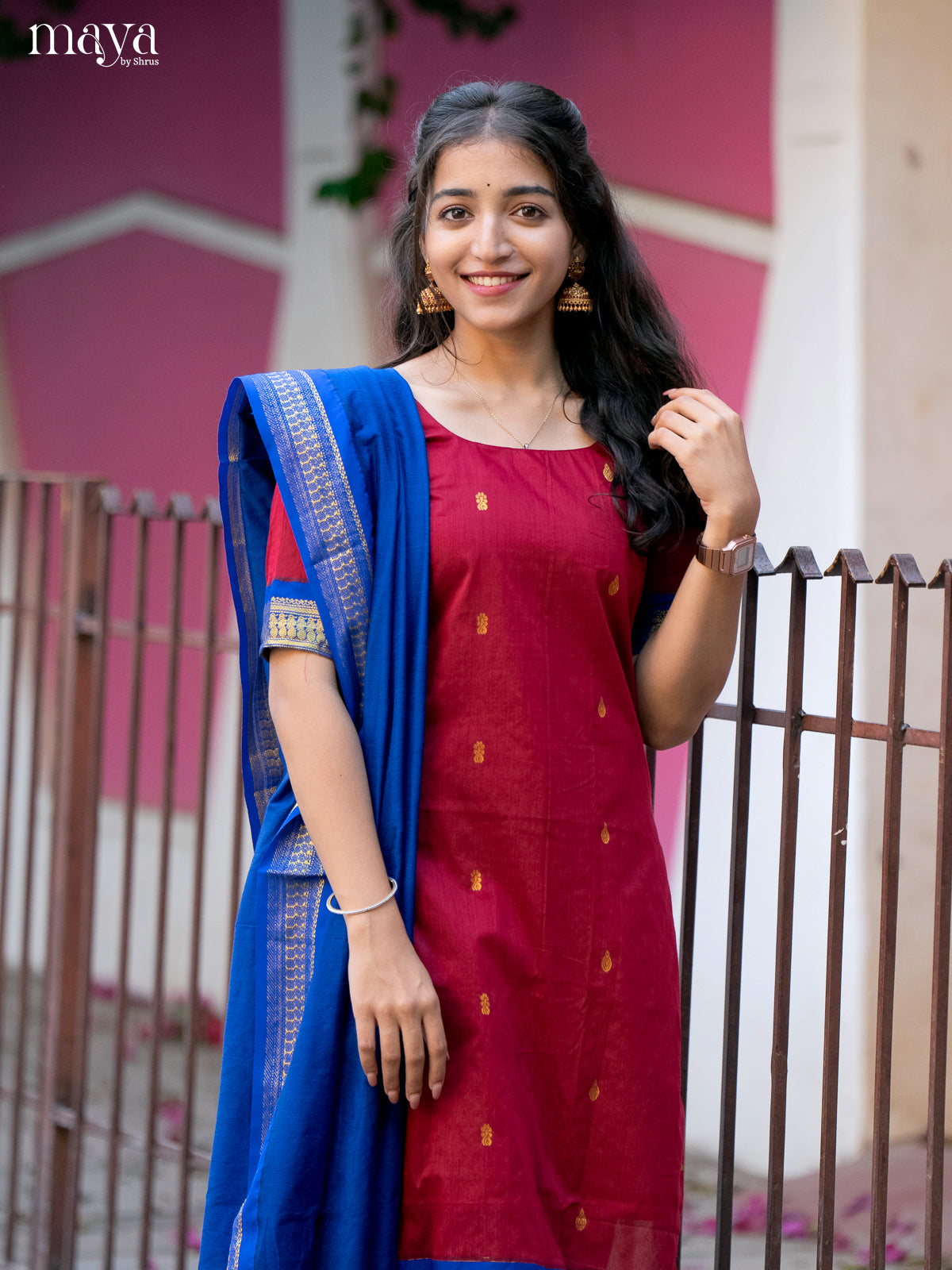 Red & Blue - Kalyani Cotton unstitched Top & Dupatta - MDA28036 - Shop on Shrus.com