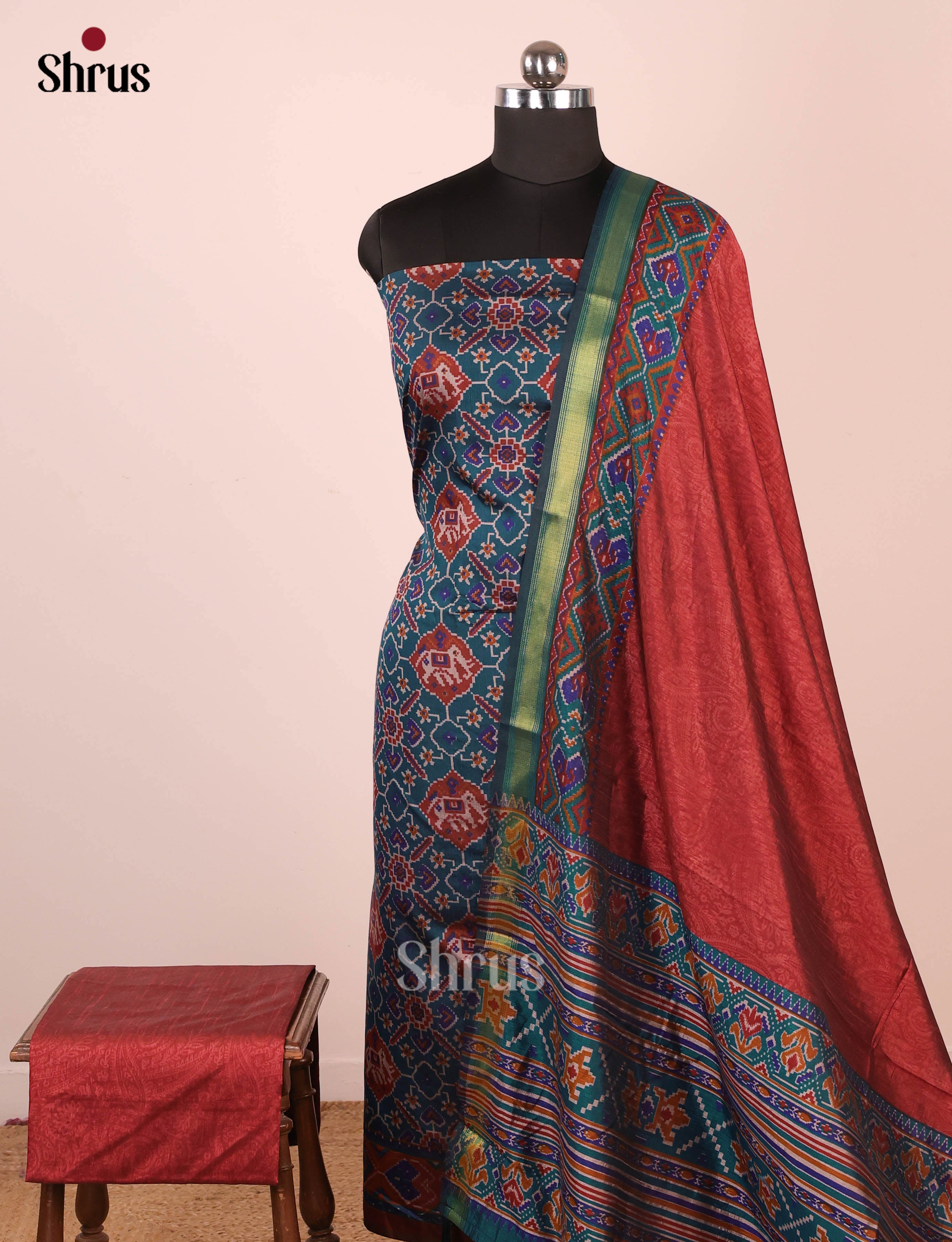 Blue & maroon-Semi Patola Unstitched Top, Bottom & Dupatta - MDA29015 - Shop on Shrus.com