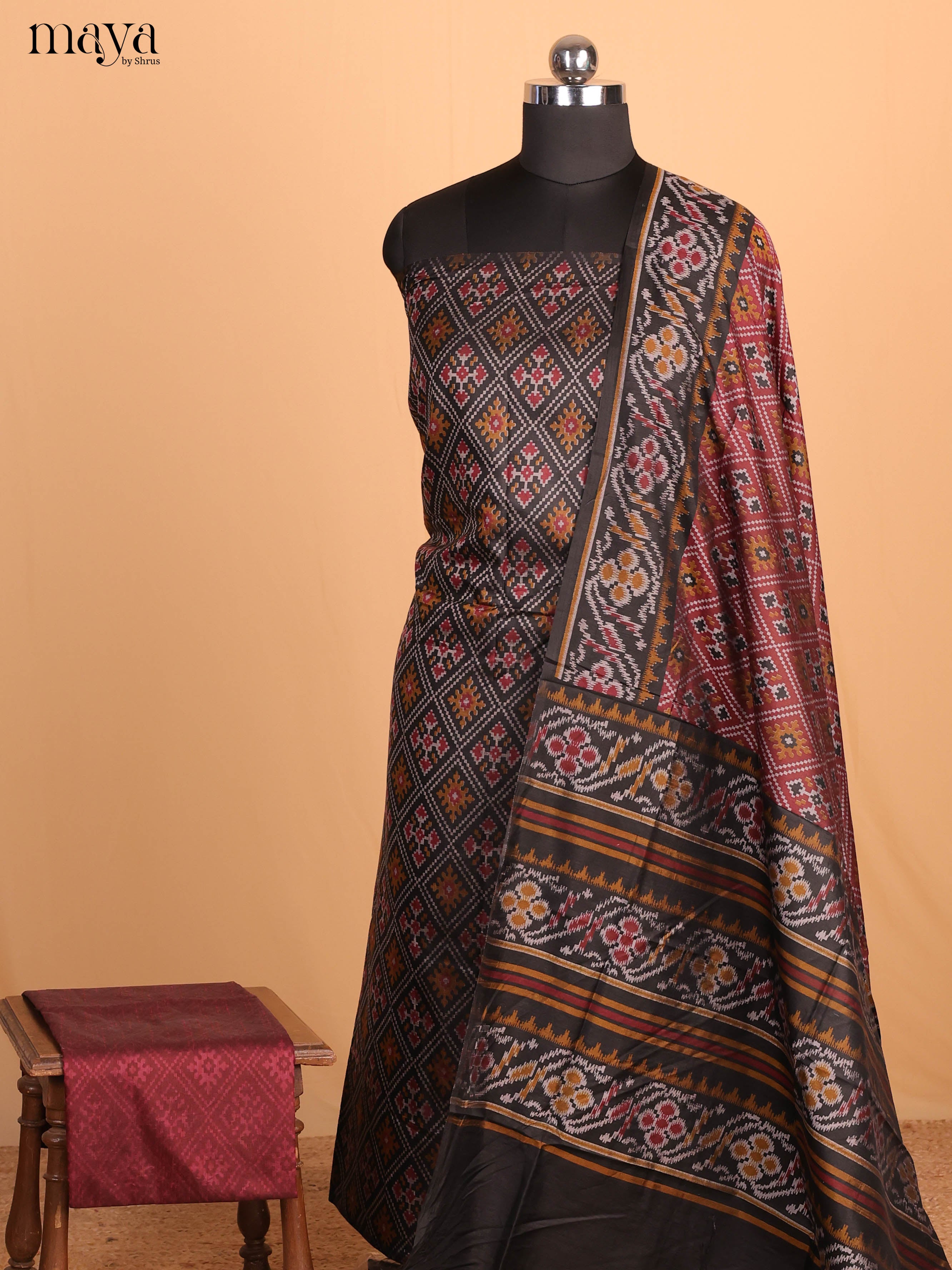 Black & Maroon Semi Patola Unstitched Top, Bottom & Dupatta - MDB01150 - Shop on Shrus.com