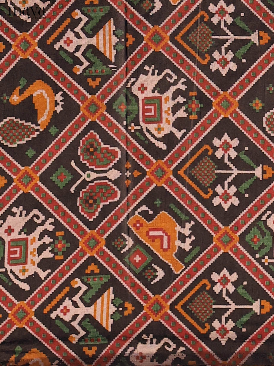 Black & Maroon Semi Patola Unstitched Top, Bottom & Dupatta -MDB01154 - Shop on Shrus.com