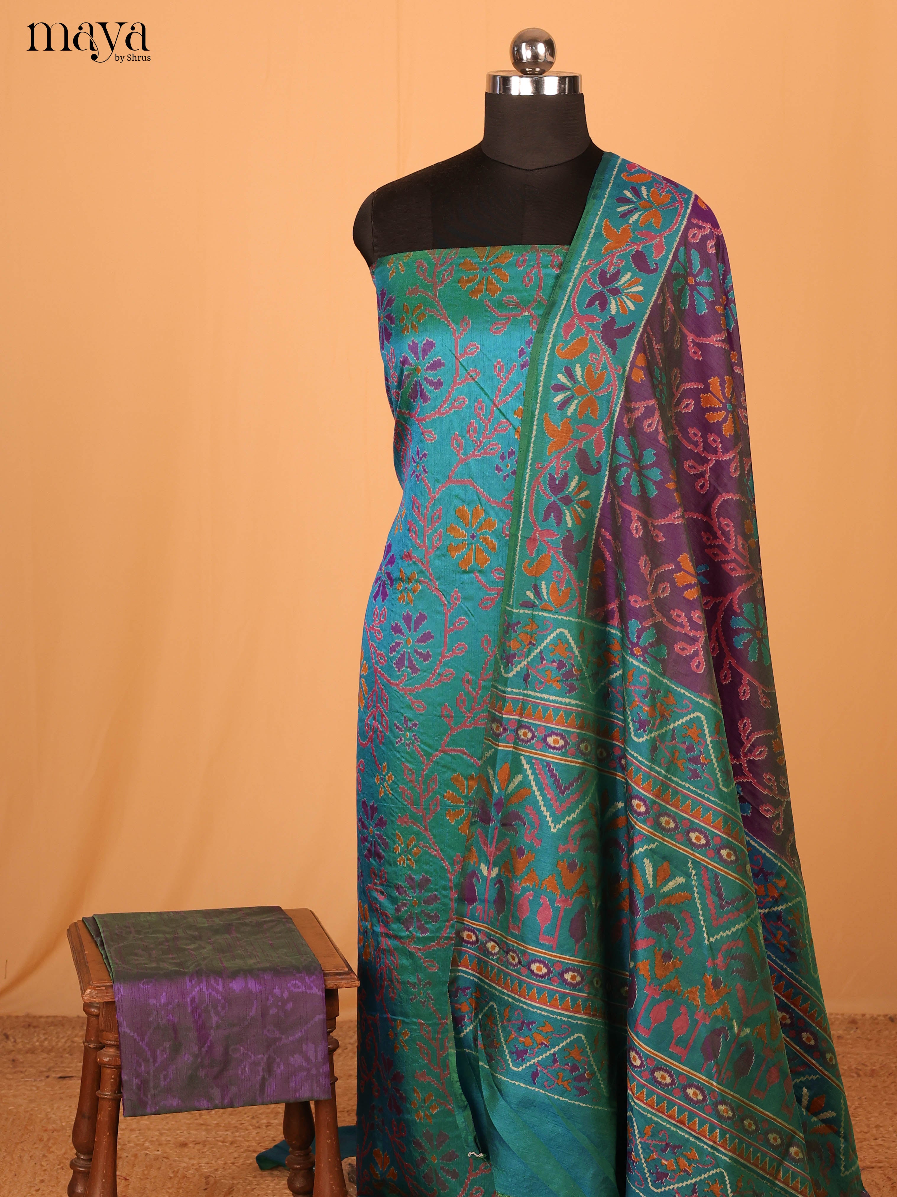 Blue & Violet Semi Patola Unstitched Top, Bottom & Dupatta - MDB04008 - Shop on Shrus.com