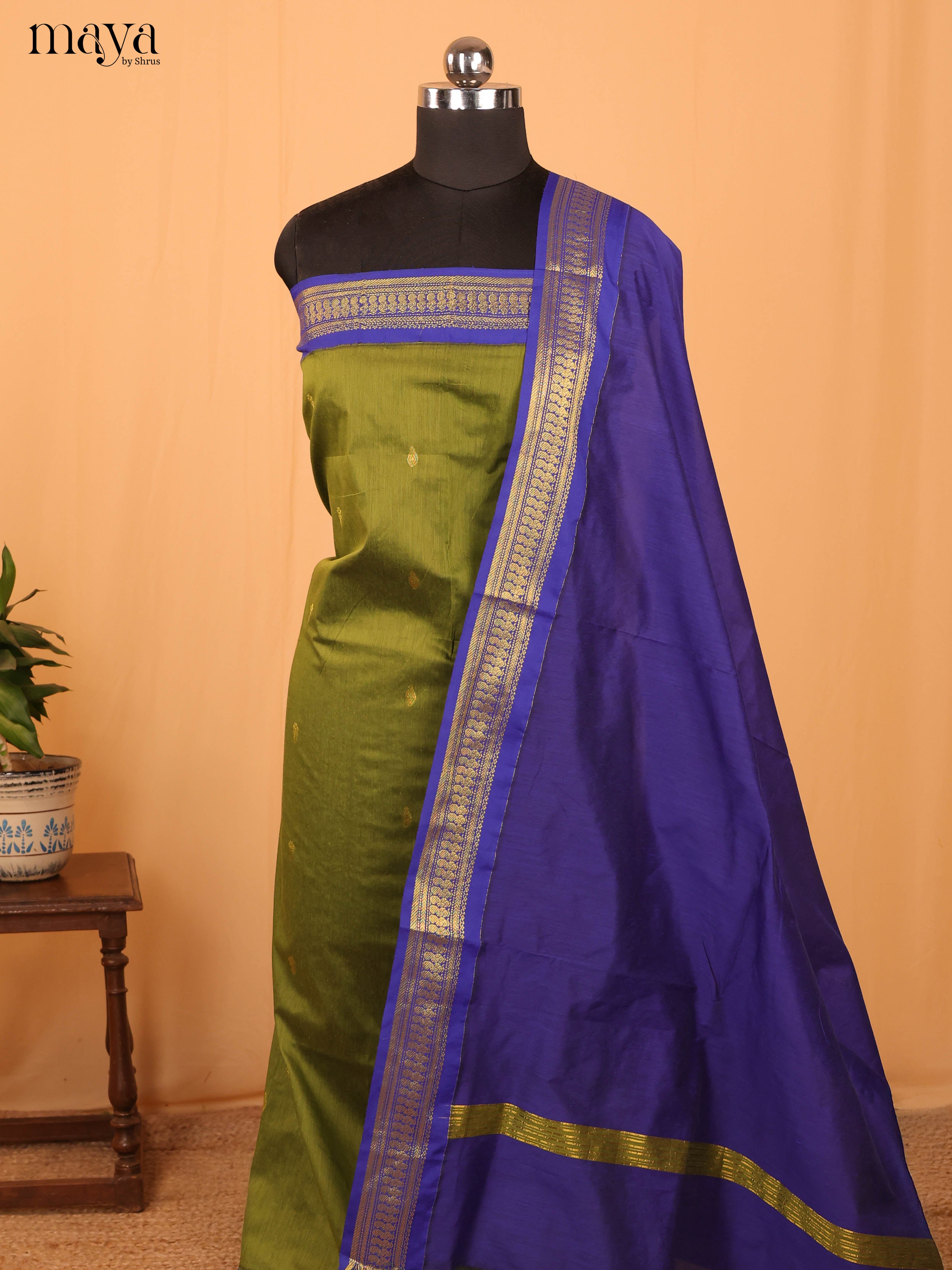 Mehandi Green & Blue Kalyani Cotton Unstitched Top & Dupatta- MDB06001 - Shop on Shrus.com