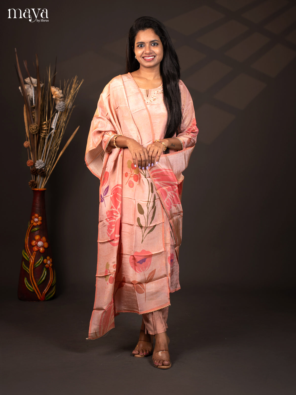 Embroidered Semi Raw Silk 3Pc Peach Salwar Suit - Top, Bottom & Dupatta - Shop on Shrus.com