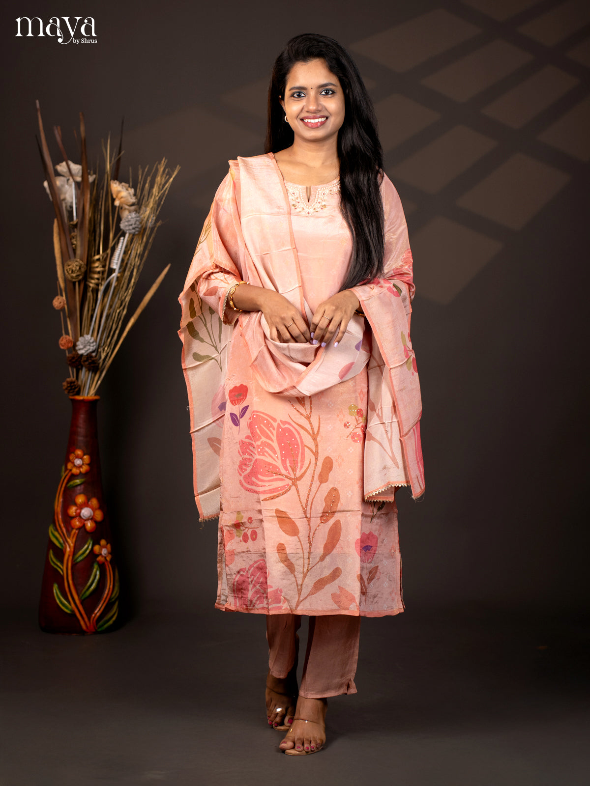 Embroidered Semi Raw Silk 3Pc Peach Salwar Suit - Top, Bottom & Dupatta - Shop on Shrus.com