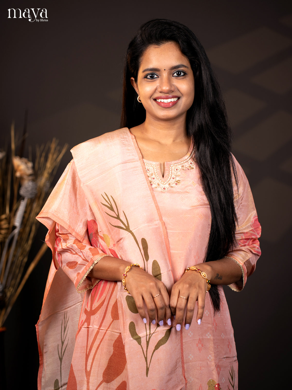 Embroidered Semi Raw Silk 3Pc Peach Salwar Suit - Top, Bottom & Dupatta - Shop on Shrus.com