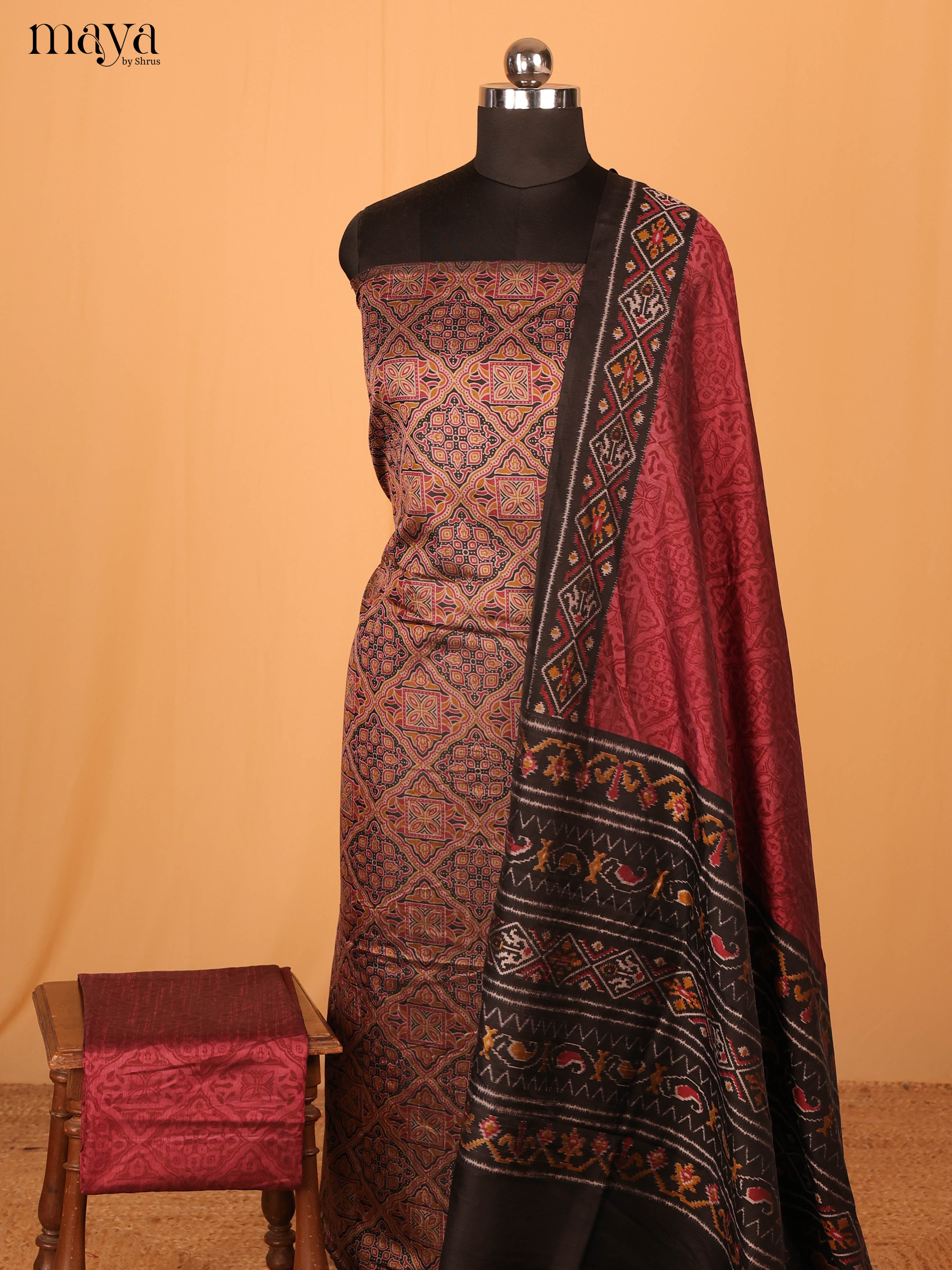 Light Brown & Maroon Semi Patola Unstitched Top, Bottom & Dupatta - MDB08095 - Shop on Shrus.com