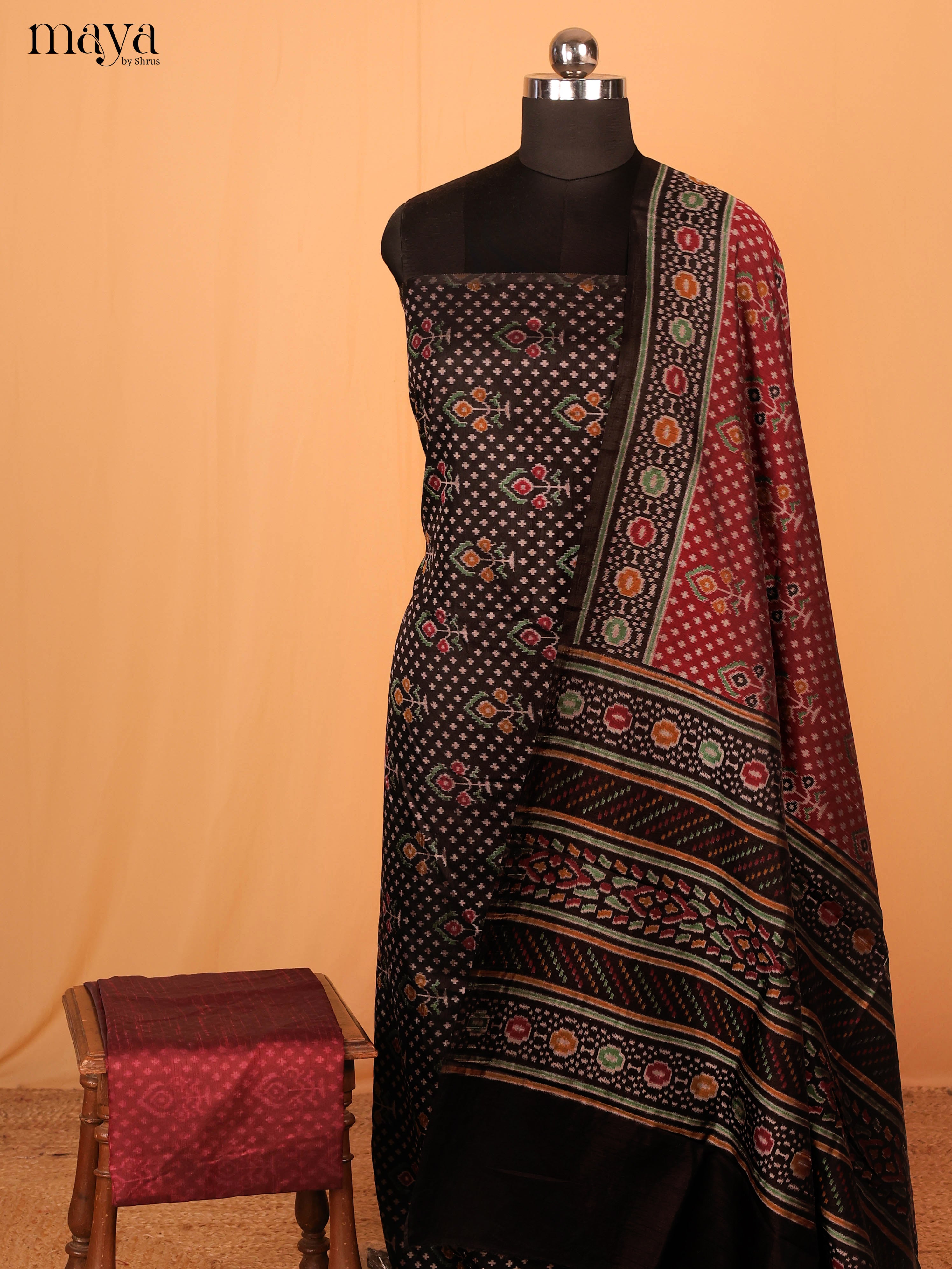 Black & Maroon Semi Patola Unstitched Top, Bottom & Dupatta - MDB08103 - Shop on Shrus.com