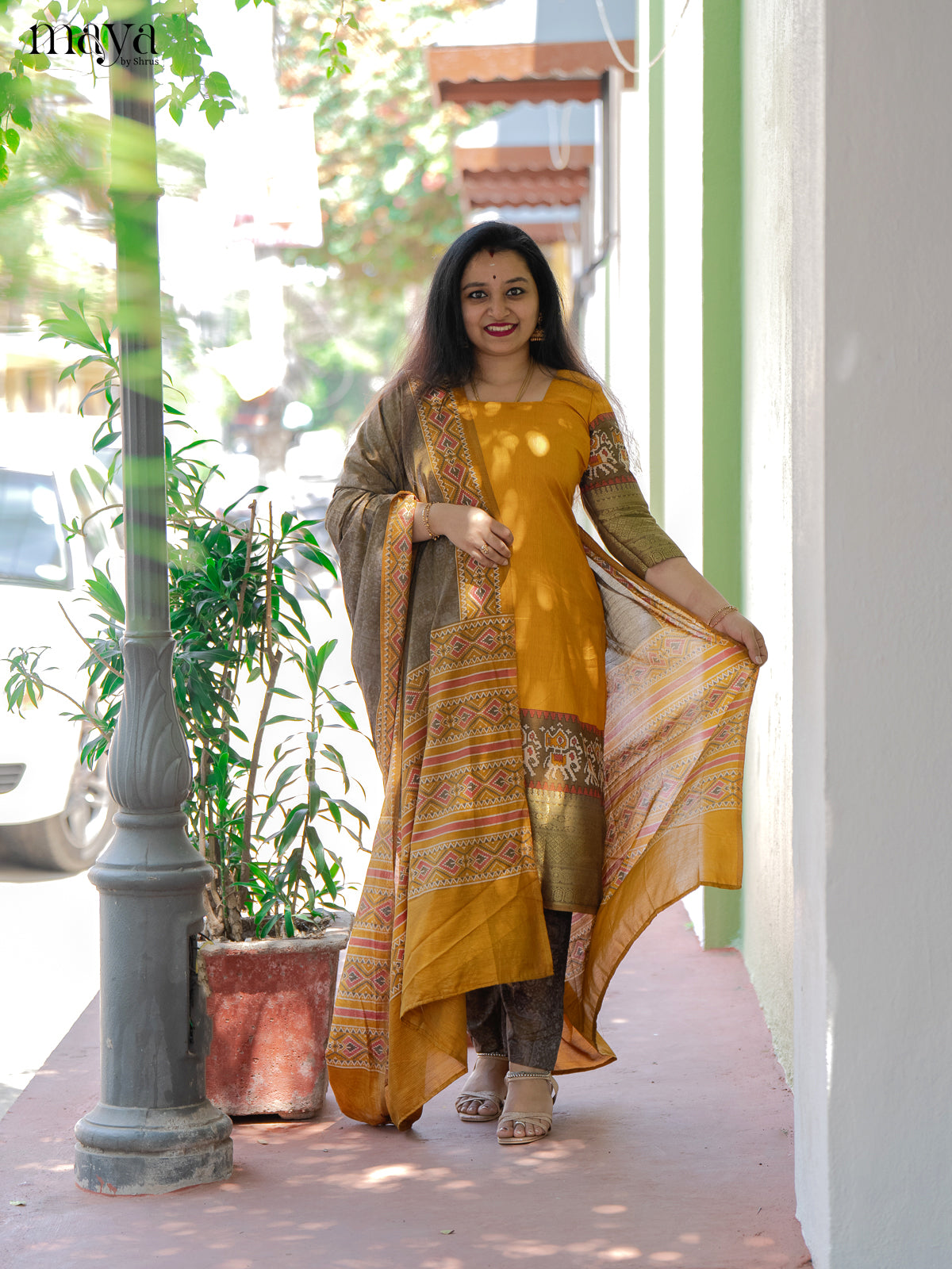 Yellow & Light Brown Semi Patola Unstitched Top, Bottom & Dupatta -MDB12004 - Shop on Shrus.com