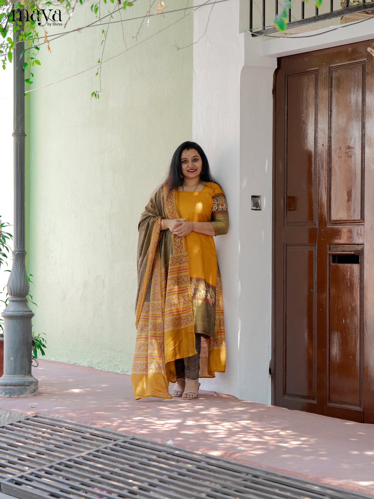 Yellow & Light Brown Semi Patola Unstitched Top, Bottom & Dupatta -MDB12004 - Shop on Shrus.com