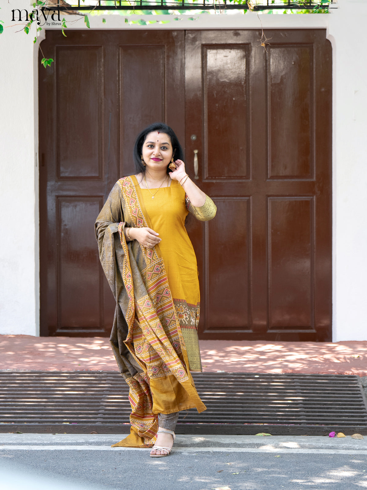 Yellow & Light Brown Semi Patola Unstitched Top, Bottom & Dupatta -MDB12004 - Shop on Shrus.com