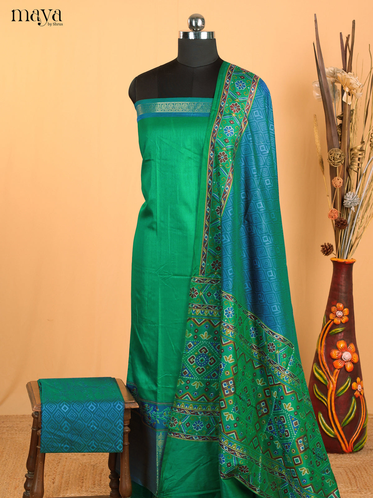 Green & Blue Semi Patola Unstitched Top, Bottom & Dupatta - MDB12009 - Shop on Shrus.com