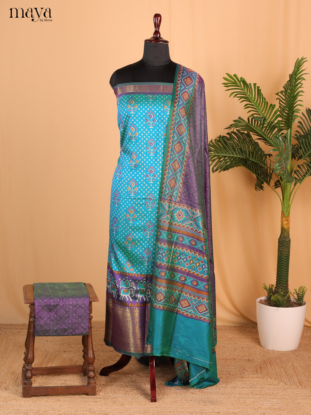 Double shade Teal Blue & Purple Semi Patola Unstitched Top, Bottom & Dupatta - MDB15011 - Shop on Shrus.com