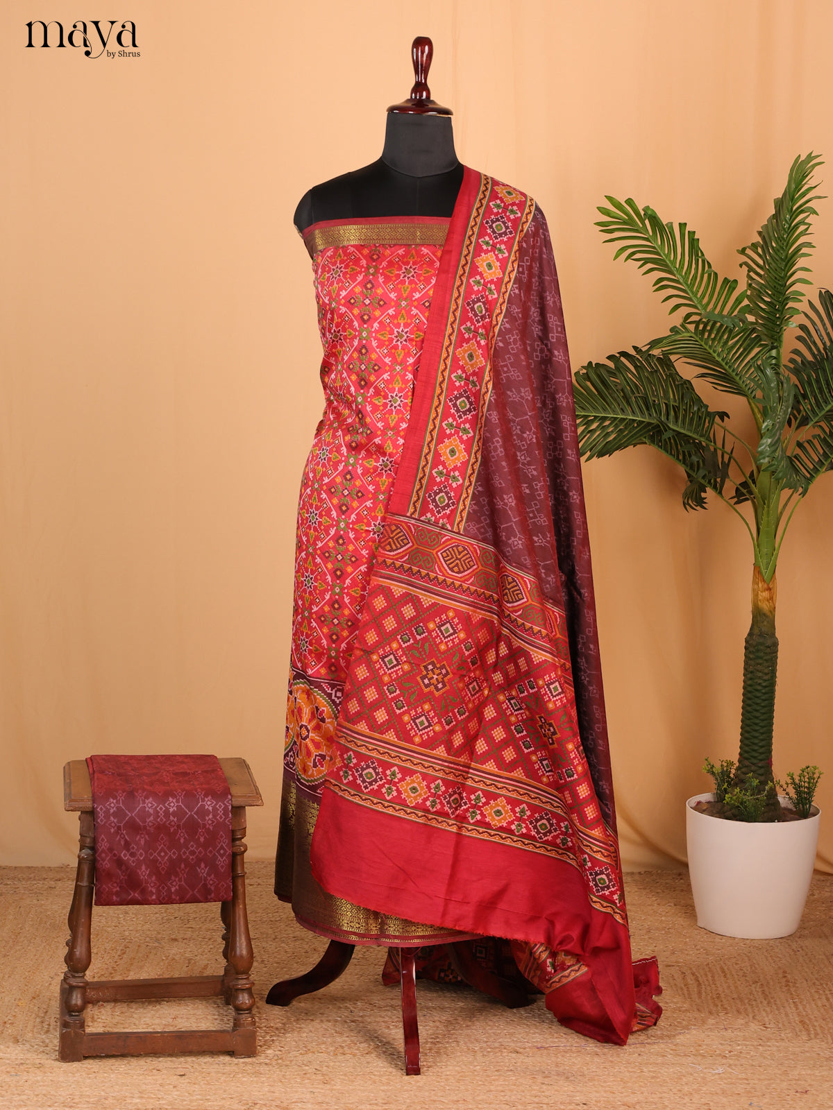 Red & Light Maroon Semi Patola Unstitched Top, Bottom & Dupatta - MDB15019 - Shop on Shrus.com