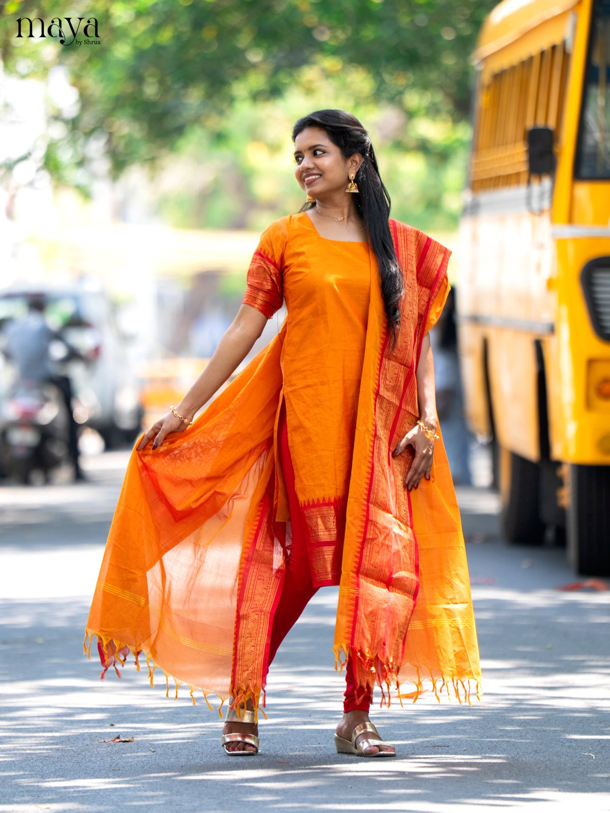 Orange & Red Chettinad Cotton Unstitched Top & Dupatta- MDB20002 - Shop on Shrus.com