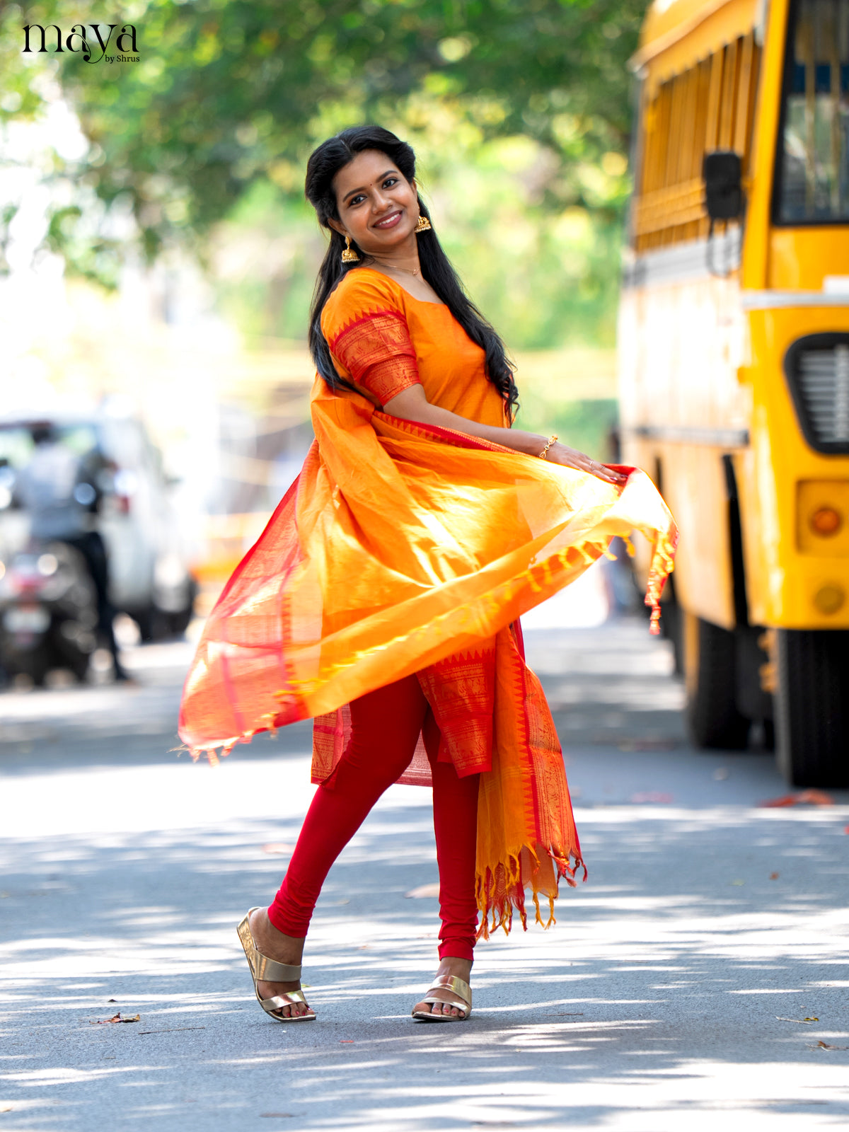 Orange & Red Chettinad Cotton Unstitched Top & Dupatta- MDB20002 - Shop on Shrus.com