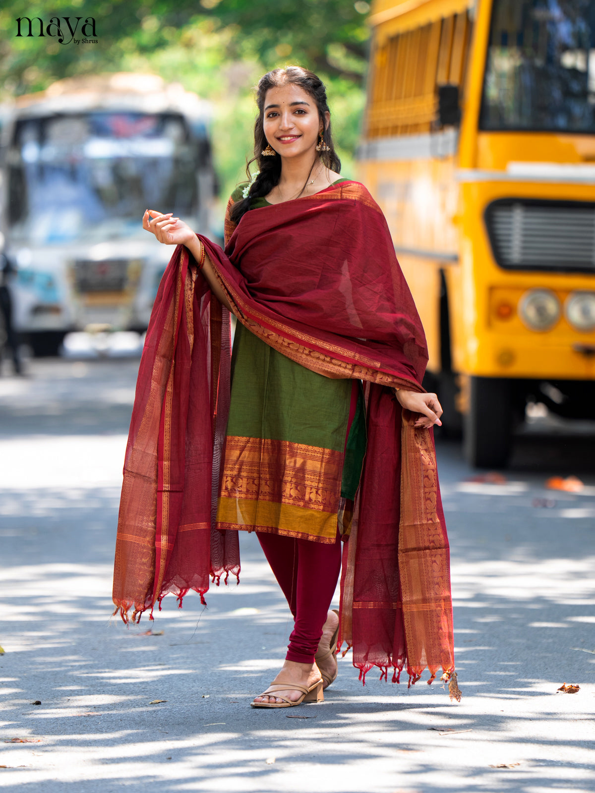 Mehandi Green & Maroon Chettinad Unstitched Top & Dupatta - MDB20004 - Shop on Shrus.com