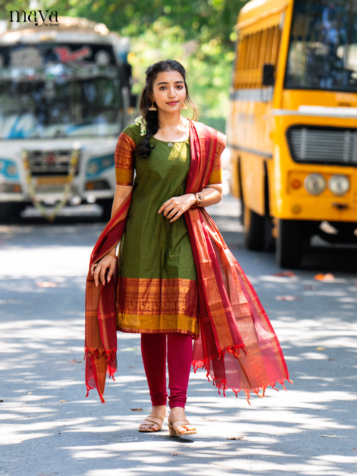 Mehandi Green & Maroon Chettinad Unstitched Top & Dupatta - MDB20004 - Shop on Shrus.com