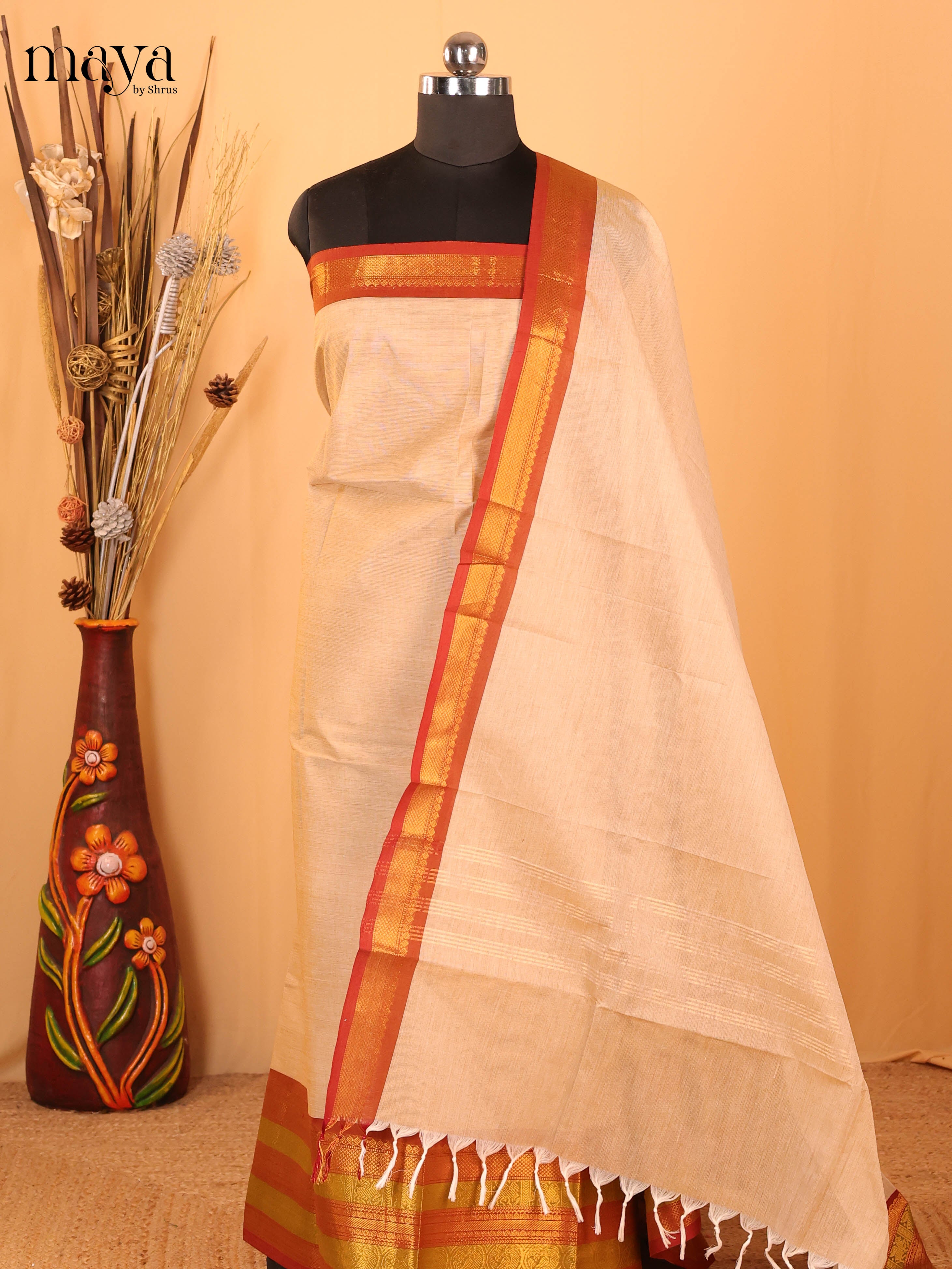 Cream & Browm Chettinad Cotton Unstitched Top & Dupatta - MDB20011 - Shop on Shrus.com