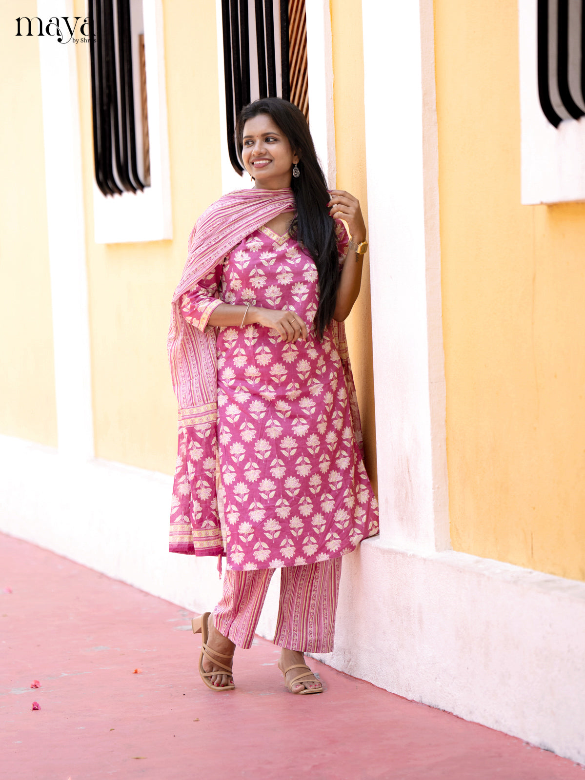 Pink Cotton 3Pc Salwar Suit with Floral Print - Top, Bottom & Dupatta - Shop on Shrus.com