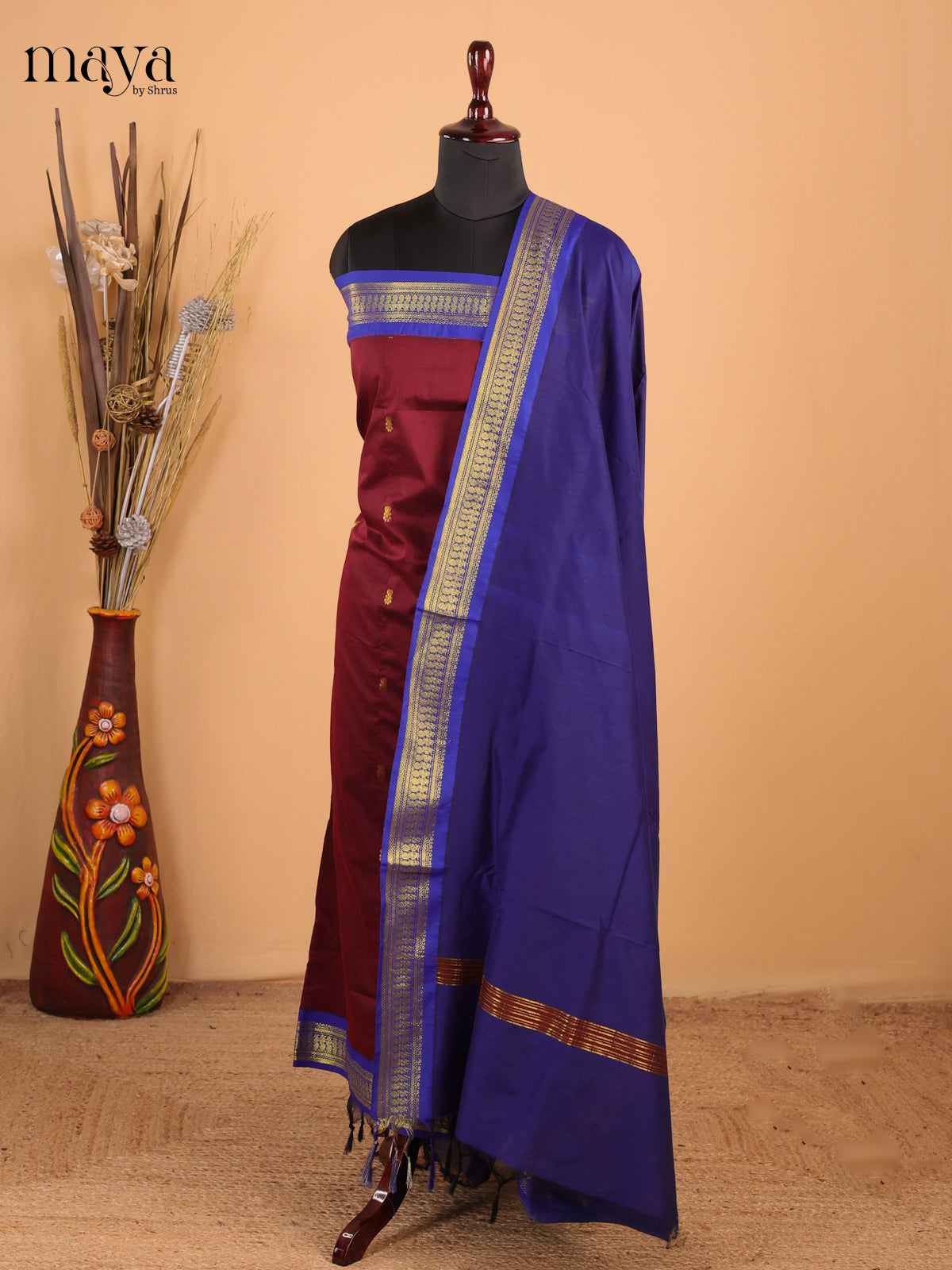 Maroon & Royal Blue - Kalyani Cotton unstitched Top & Dupatta - MDB20030 - Shop on Shrus.com