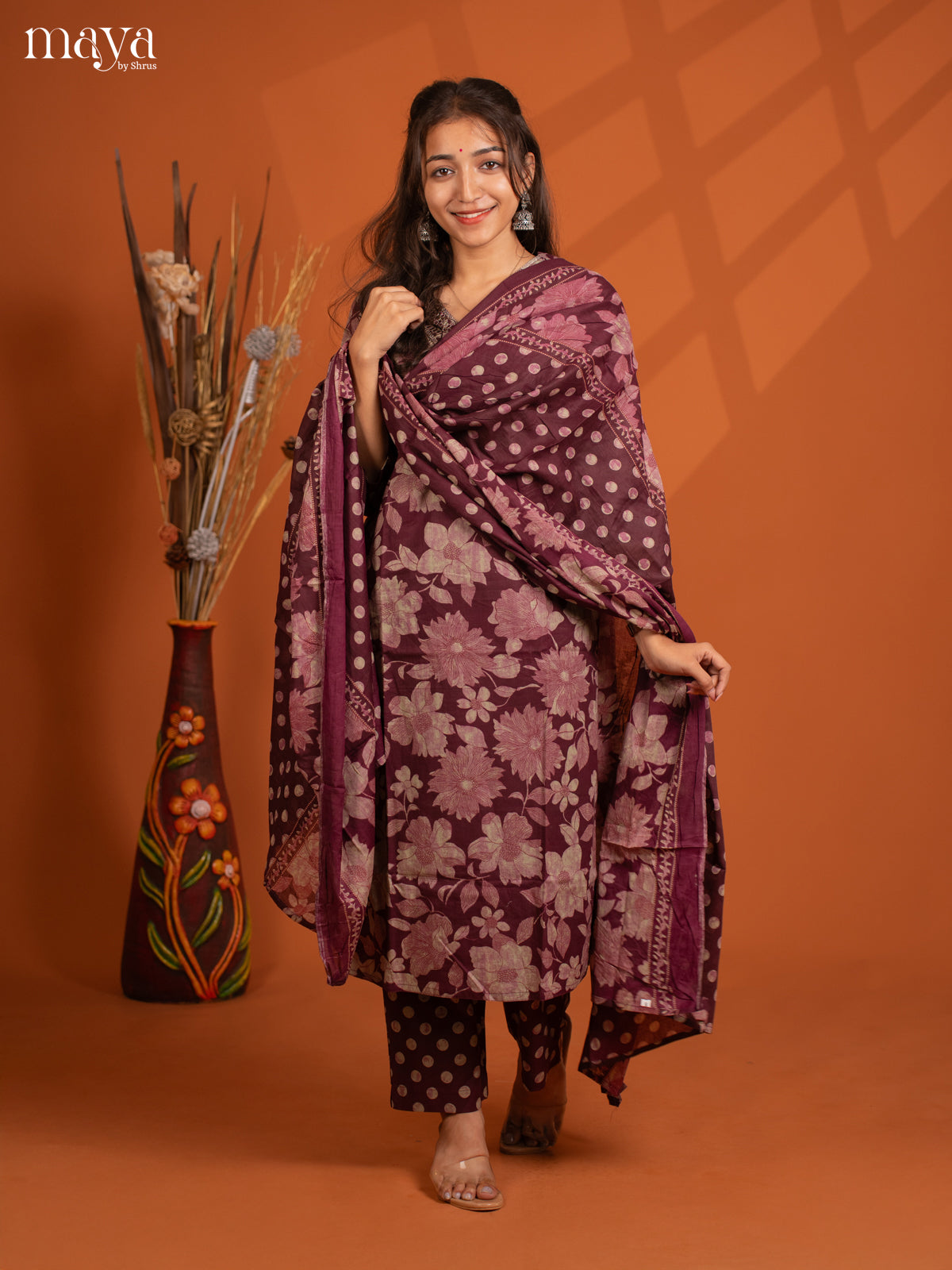 Wine Cotton 3PC salwar Suit with Floral Print - Top, Bottom & Dupatta - Shop on Shrus.com