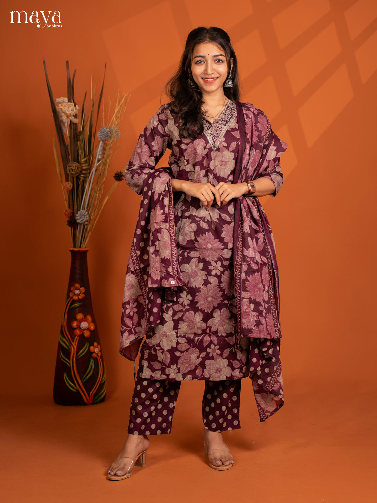 Wine Cotton 3PC salwar Suit with Floral Print - Top, Bottom & Dupatta - Shop on Shrus.com