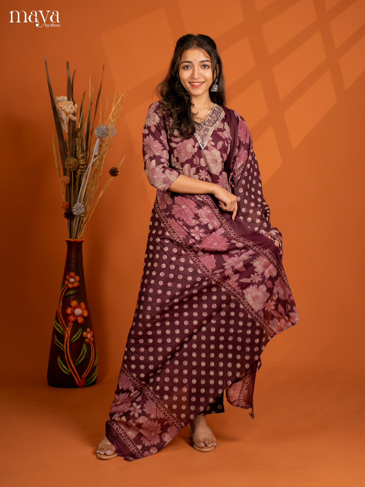 Wine Cotton 3PC salwar Suit with Floral Print - Top, Bottom & Dupatta - Shop on Shrus.com