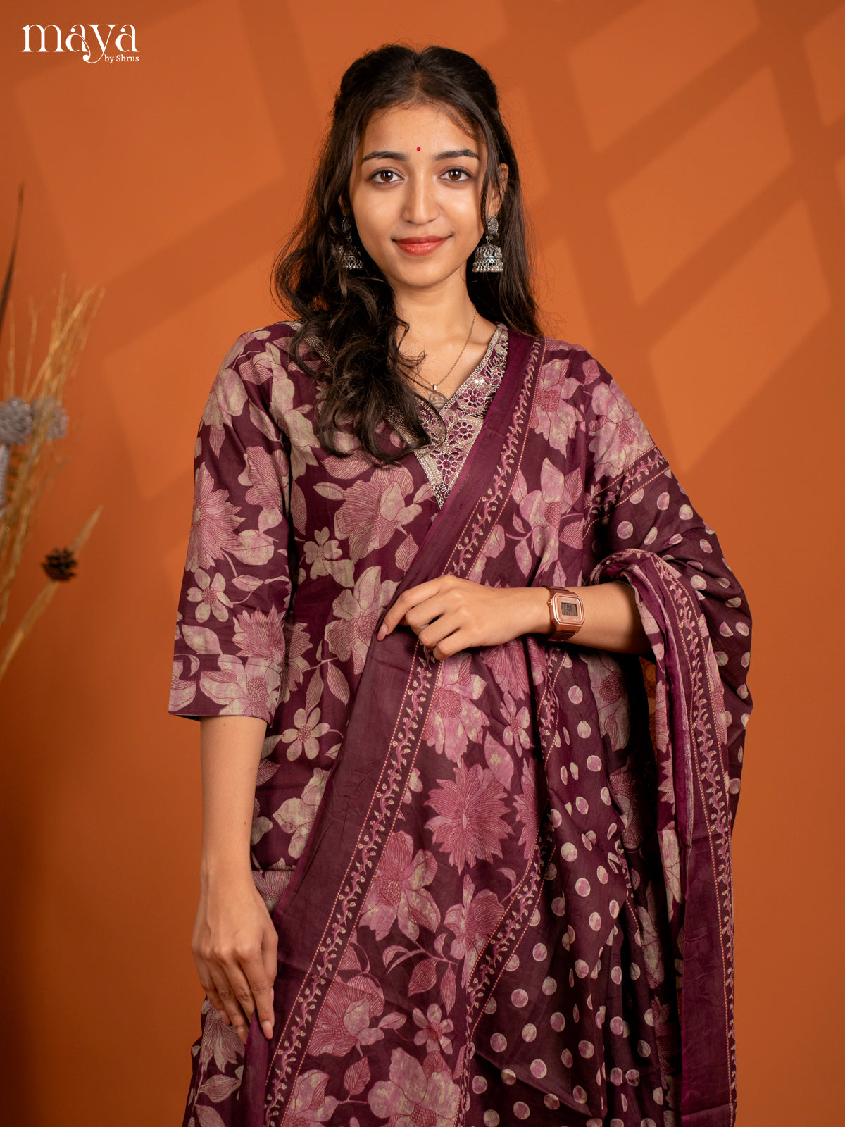 Wine Cotton 3PC salwar Suit with Floral Print - Top, Bottom & Dupatta - Shop on Shrus.com