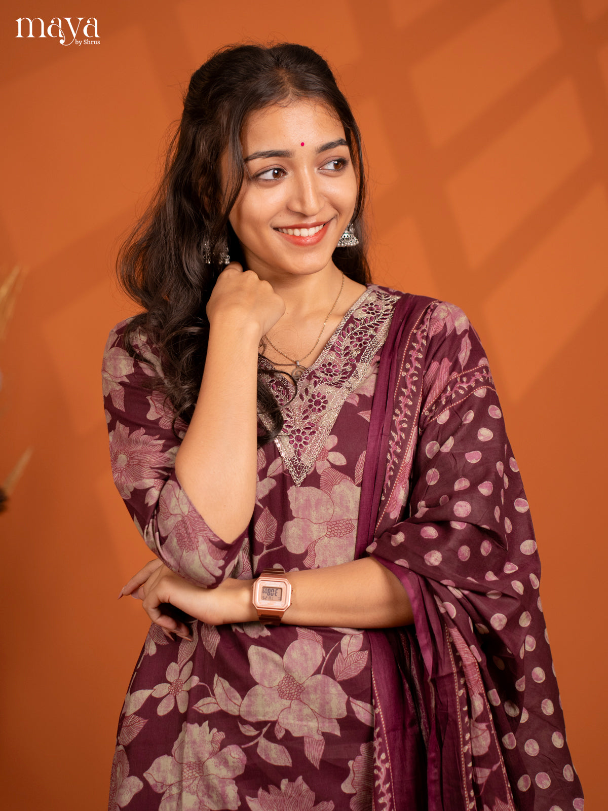 Wine Cotton 3PC salwar Suit with Floral Print - Top, Bottom & Dupatta - Shop on Shrus.com