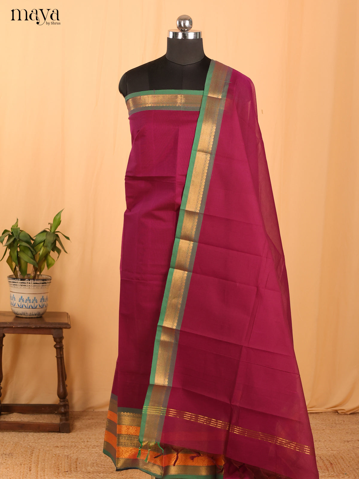 Marron & Green Chettinad Cotton Unstitched Top & Dupatta - MDB24006 - Shop on Shrus.com