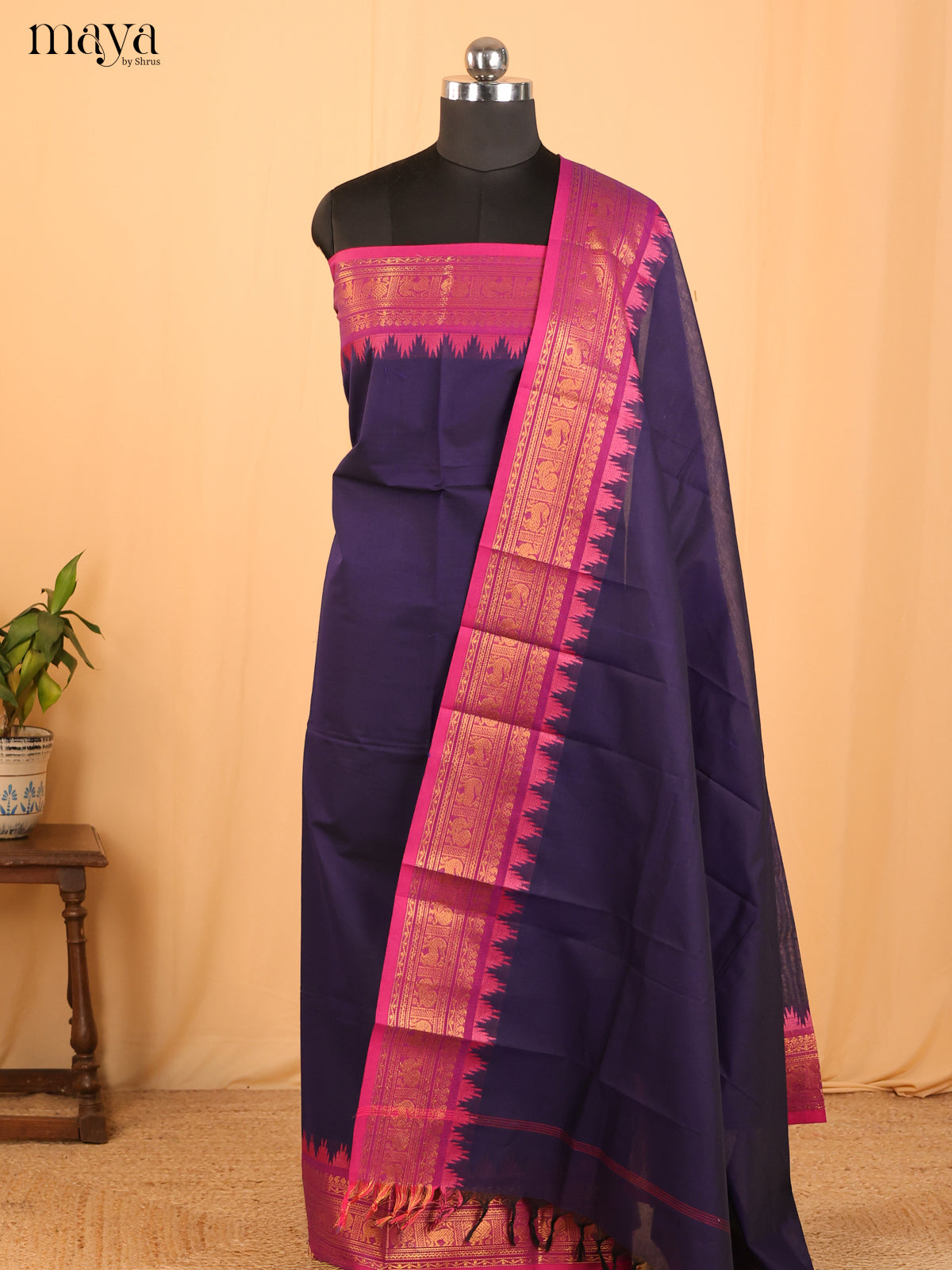 Violet & Dark Pink Chettinad Cotton Unstitched Top & Dupatta - MDB24007 - Shop on Shrus.com