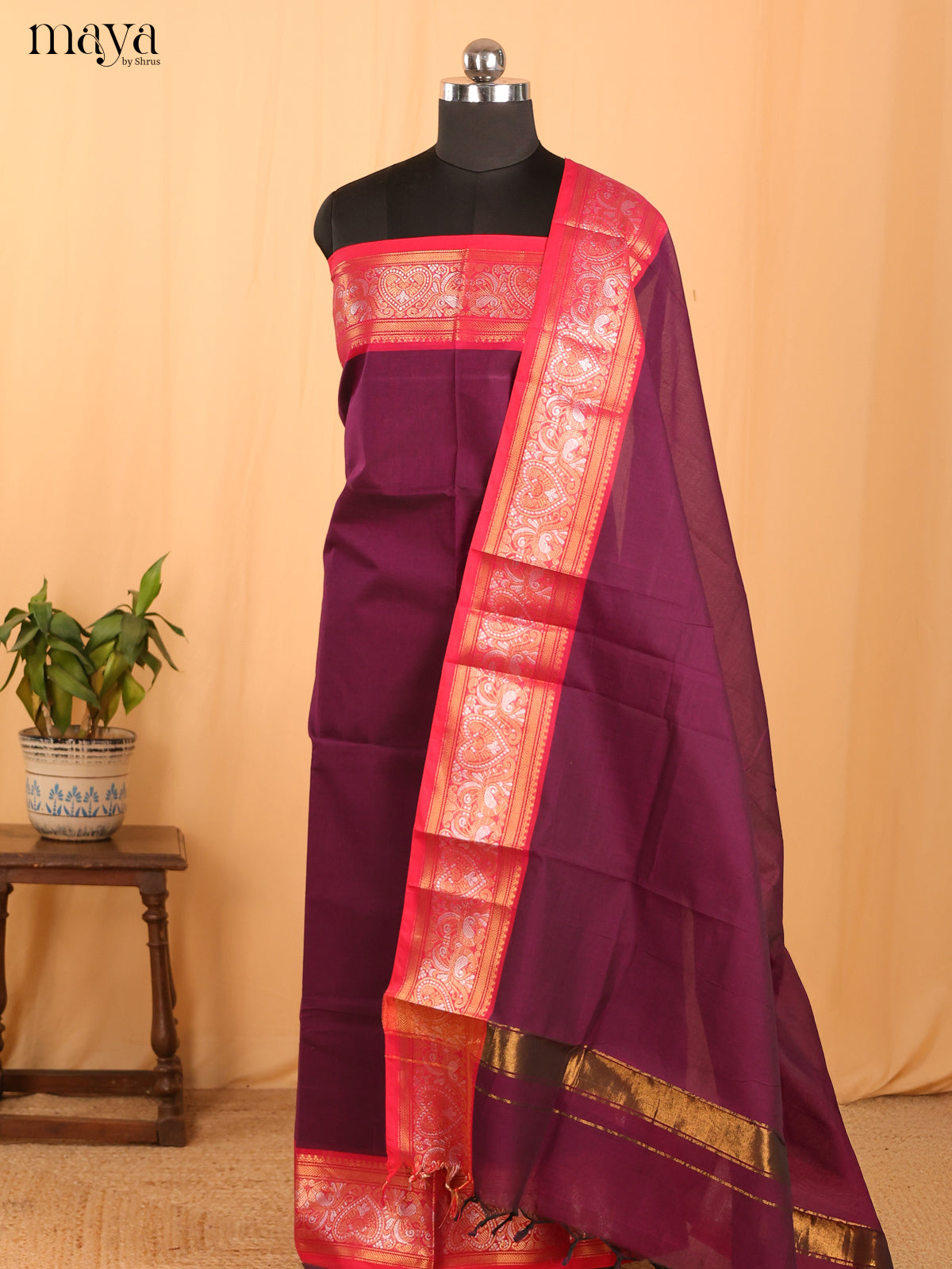 Purple & Pink Chettinad Cotton Unstitched Top & Dupatta - MDB24011 - Shop on Shrus.com