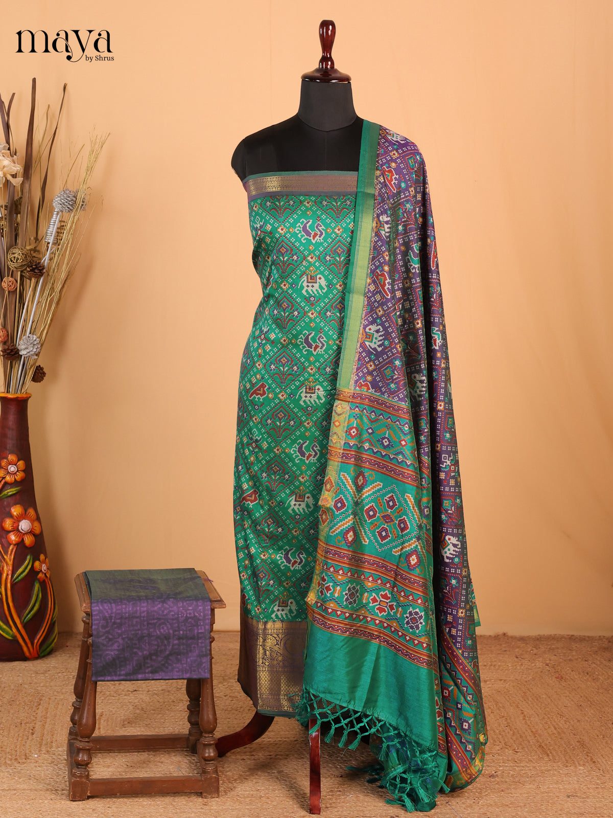 Green & Purple - Semi Patola Unstitched Top, Bottom & Dupatta - MDB26022 - Shop on Shrus.com